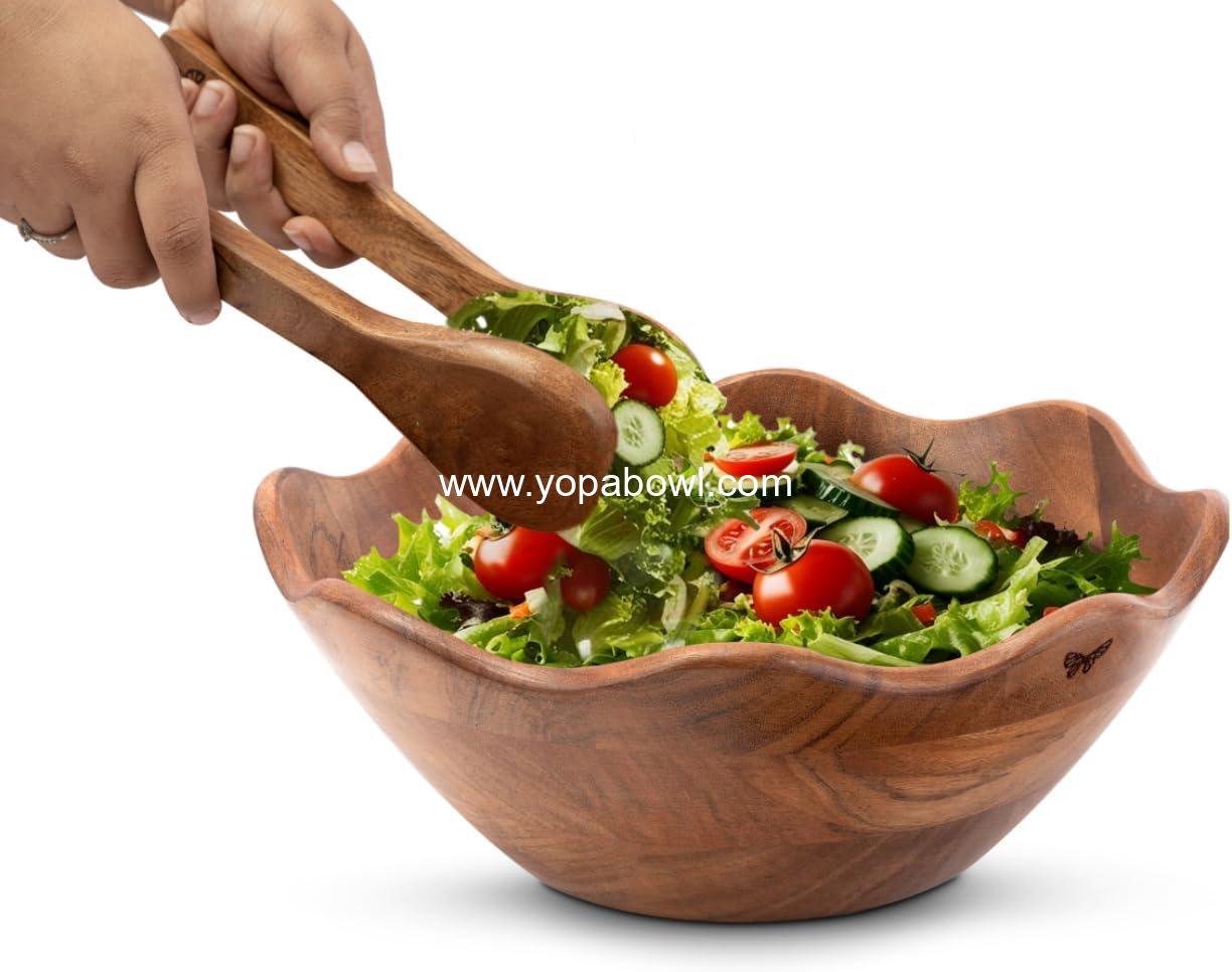Wholesale Large Wooden Salad Bowl Set with 2 Serving Utensils | 12