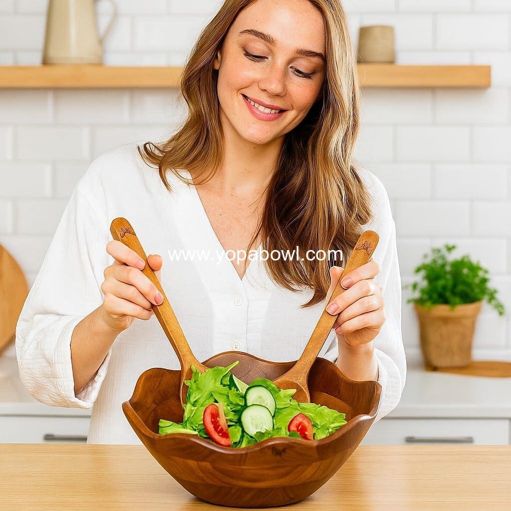 Wholesale Large Wooden Salad Bowl Set with 2 Serving Utensils | 12