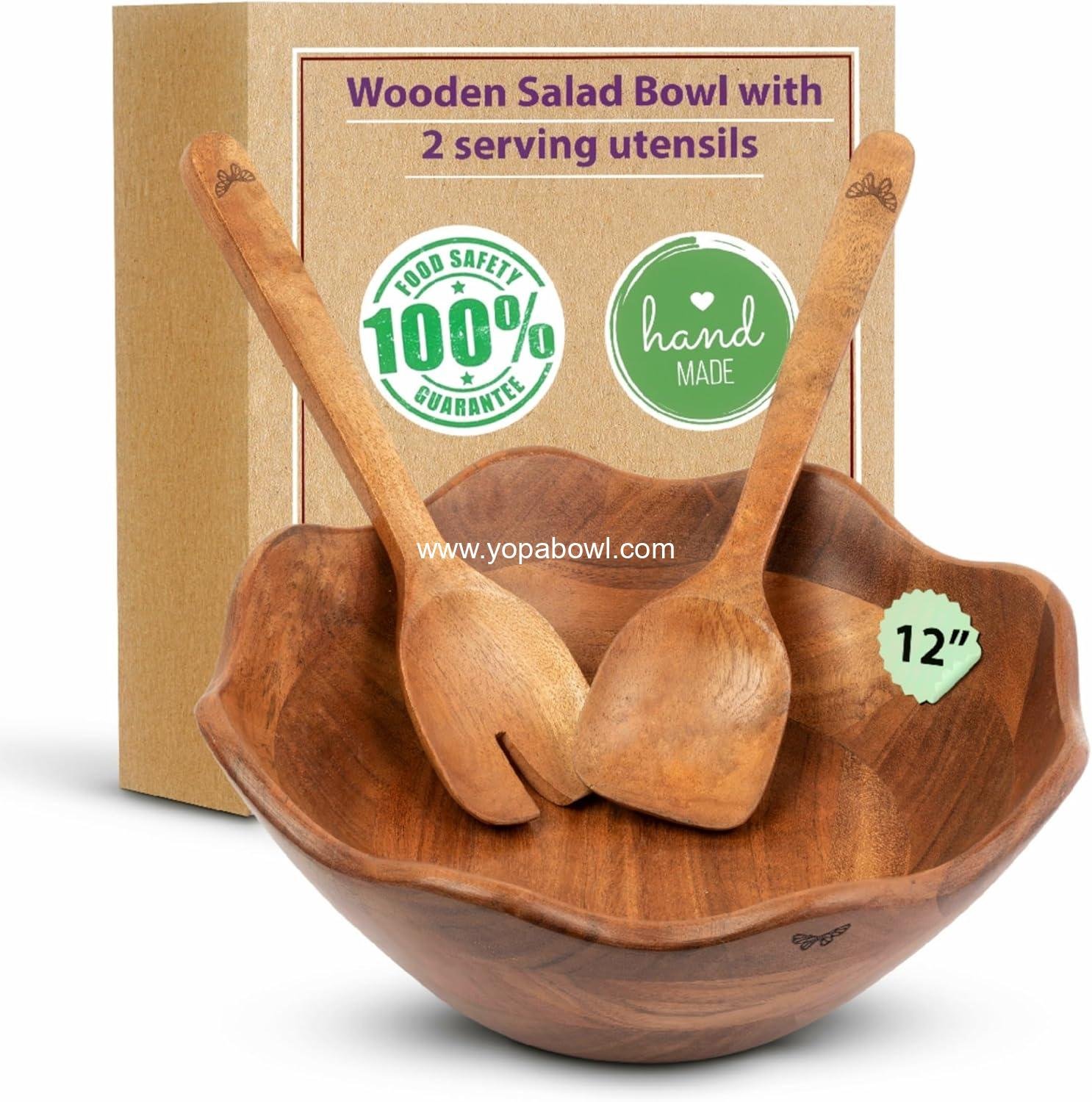 Melvvi Large Wooden Salad Bowl Set with 2 Serving Utensils | 12" Acacia Wood Bowls for Food | Great Gift for Thanksgiving & Christmas (Natural Set of 3)