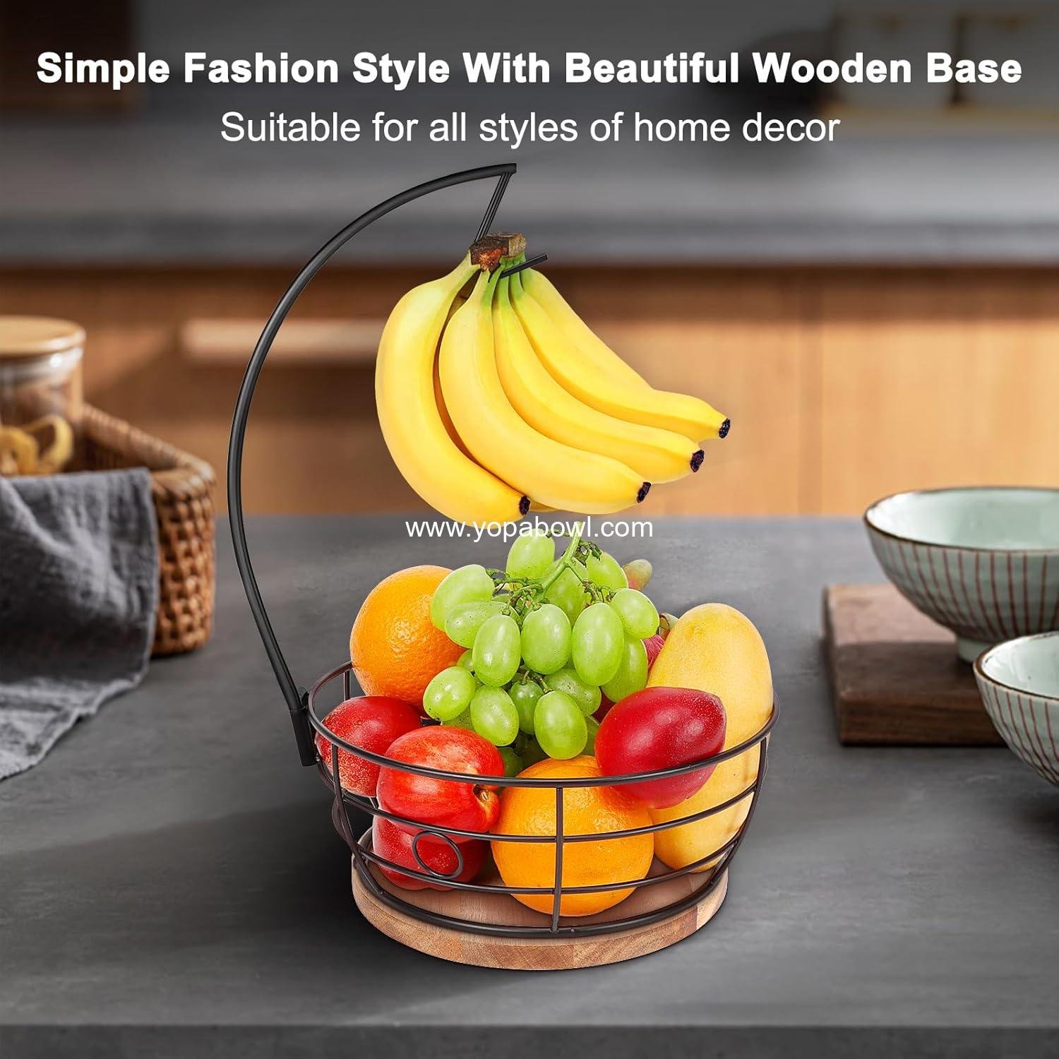 Wholesale Modern Countertop Fruit Basket Bowl with Banana Hanger, Round Wood Design for Kitchen and Dining Table (Black) - Factory