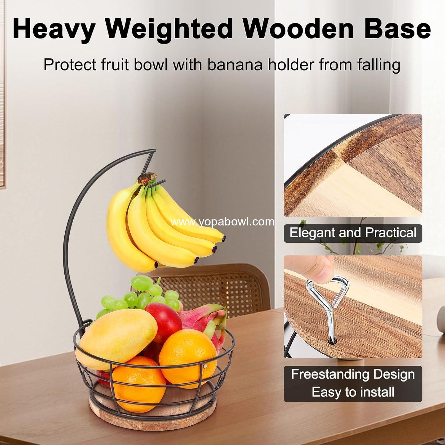 Wholesale Modern Countertop Fruit Basket Bowl with Banana Hanger, Round Wood Design for Kitchen and Dining Table (Black) - Factory