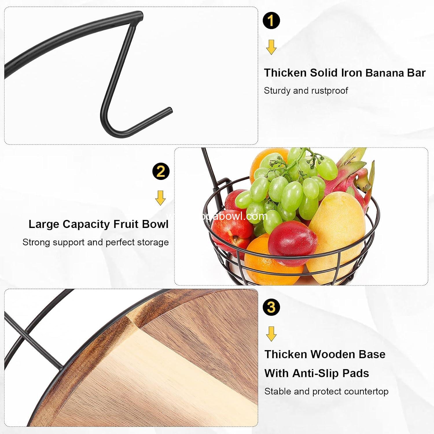 Wholesale Modern Countertop Fruit Basket Bowl with Banana Hanger, Round Wood Design for Kitchen and Dining Table (Black) - Factory