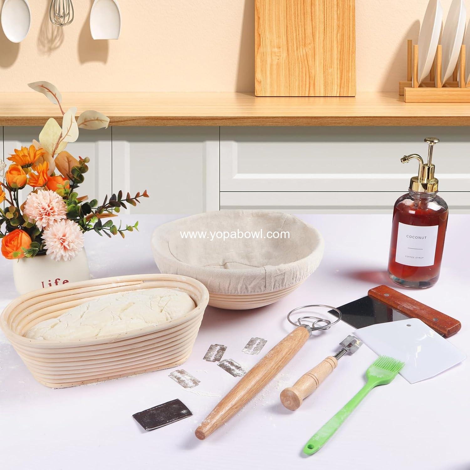 Wholesale 11 Inch Sourdough Proofing Basket Set with Bread Lame, Danish Whisk, Bowl, Dough Scraper, and Brush (Rattan, 10in Round + 10in Oval) Factory