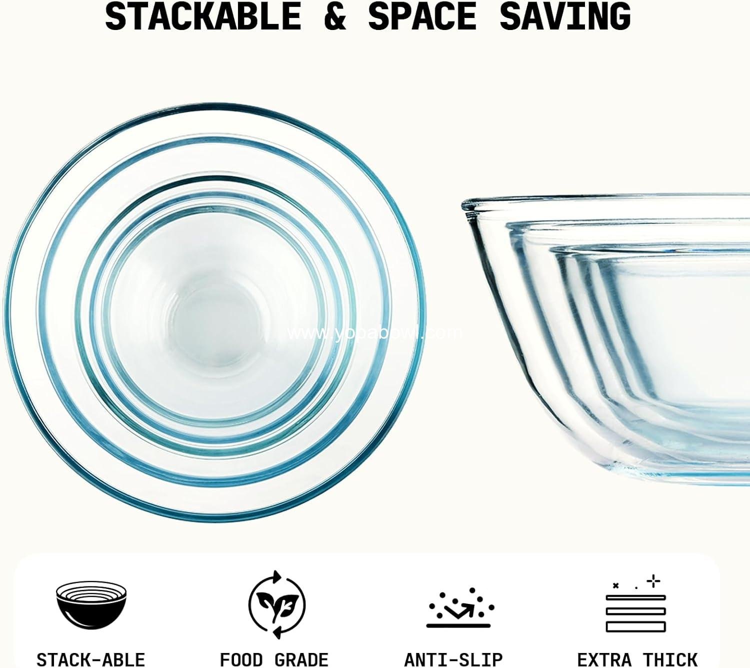 Wholesale Glass Mixing Bowls Set - 5 Piece (4.65QT, 2.80QT, 1.64QT, 1.16QT, 0.85QT) - Thick Nesting Kitchen Bowls for Baking, Cooking Prep, Storage, Large Salad Bowls - Dishwasher, Microwave, Freezer Safe Factory Wholesale Glass Mixing Bowls Set - 5 Piece (4.65QT, 2.80QT, 1.64QT, 1.16QT, 0.85QT) - Thick Nesting Kitchen Bowls for Baking, Cooking Prep, Storage, Large Salad Bowls - Dishwasher, Microwave, Freezer Safe Factory