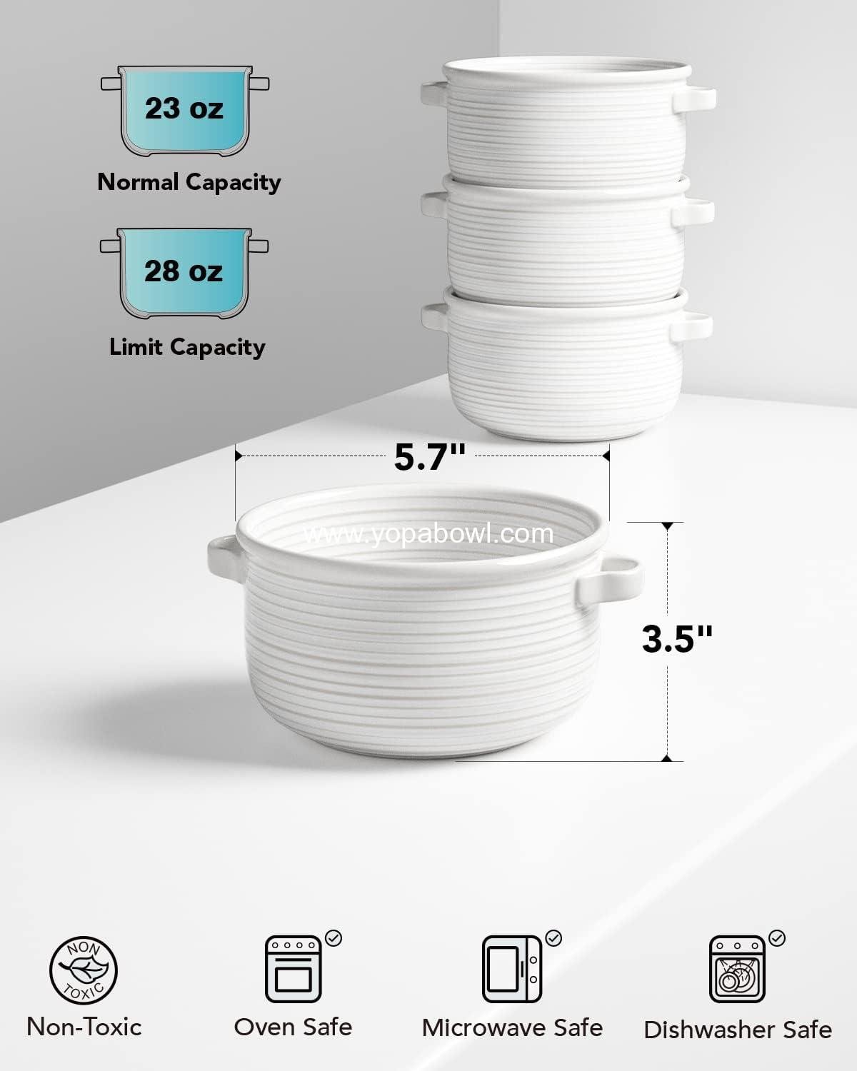 Wholesale 28 oz Soup Bowls with Handles - Lead-Free Ceramic French Onion Crocks, Oven and Microwave Safe, Heat-Resistant, Stackable, Dishwasher Safe, Set of 4, White, Factory