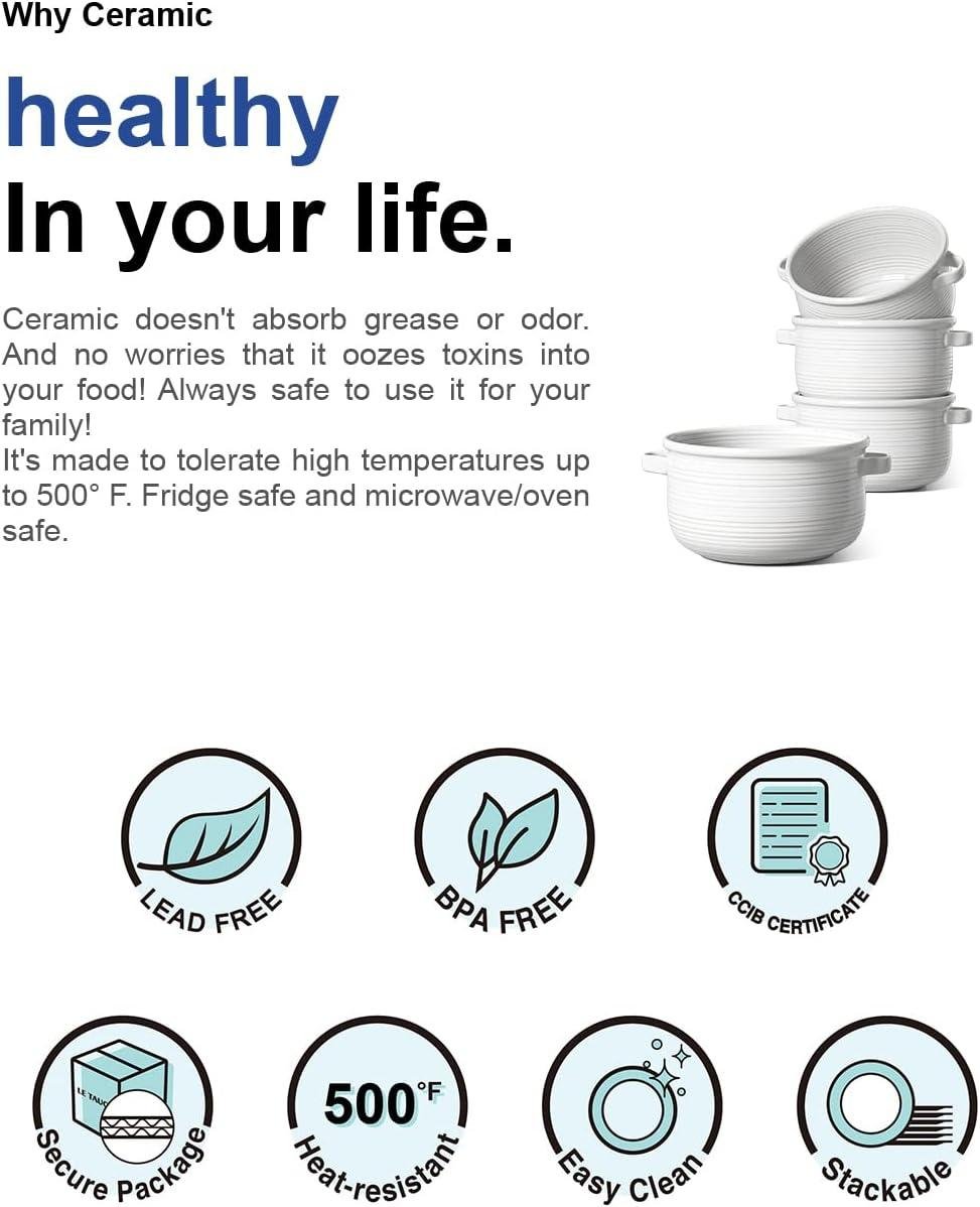 Wholesale 28 oz Soup Bowls with Handles - Lead-Free Ceramic French Onion Crocks, Oven and Microwave Safe, Heat-Resistant, Stackable, Dishwasher Safe, Set of 4, White, Factory