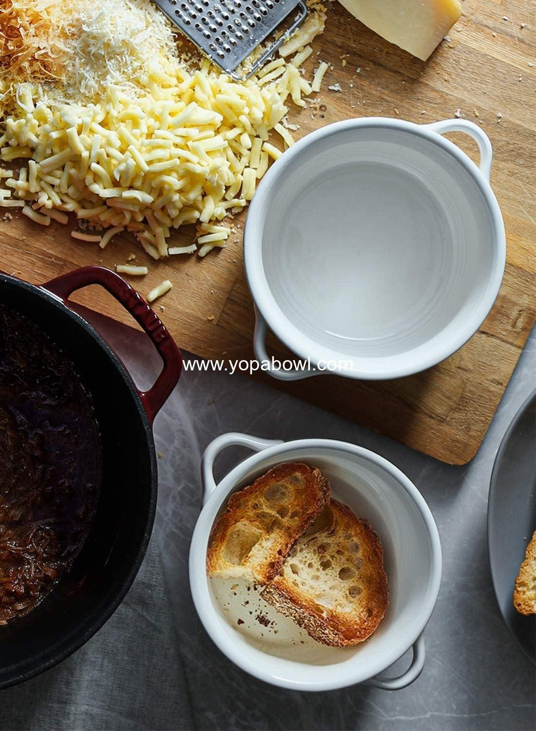 Wholesale 28 oz Soup Bowls with Handles - Lead-Free Ceramic French Onion Crocks, Oven and Microwave Safe, Heat-Resistant, Stackable, Dishwasher Safe, Set of 4, White, Factory