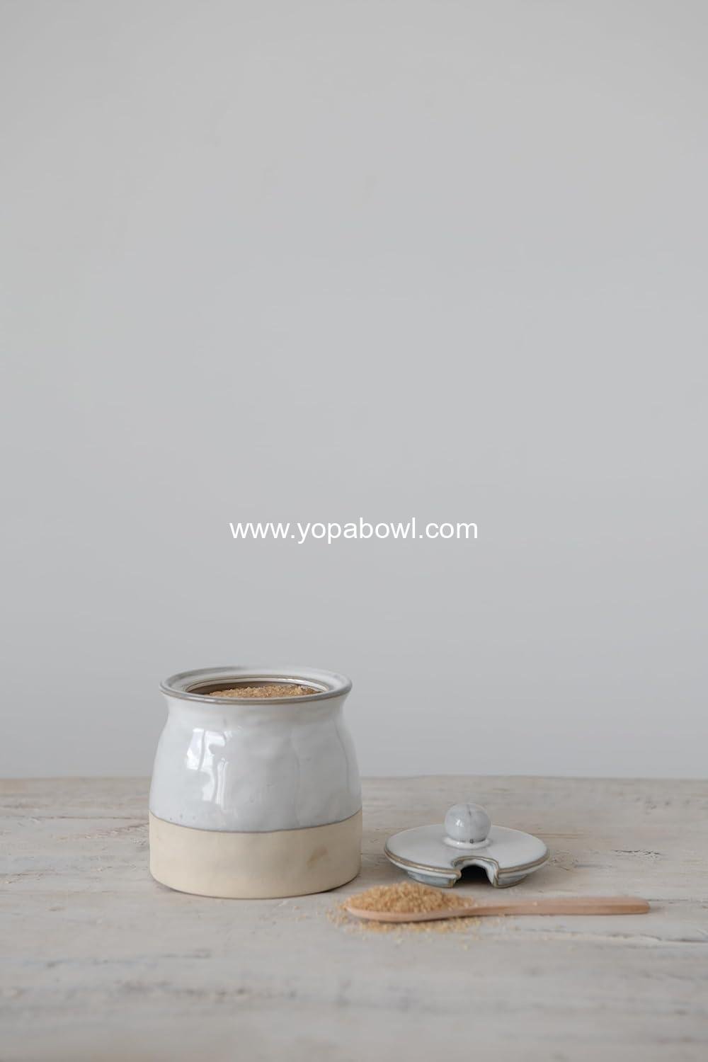 Wholesale Stoneware Sugar Pot with Lid and Wood Spoon, White Glaze, 12 oz, Factory