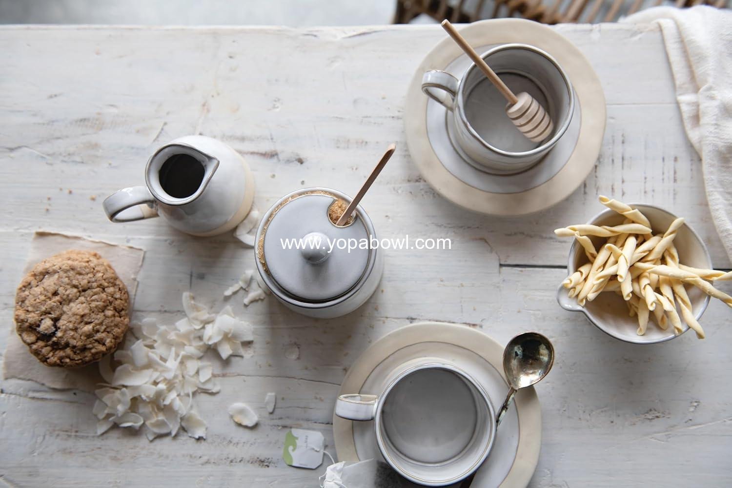 Wholesale Stoneware Sugar Pot with Lid and Wood Spoon, White Glaze, 12 oz, Factory