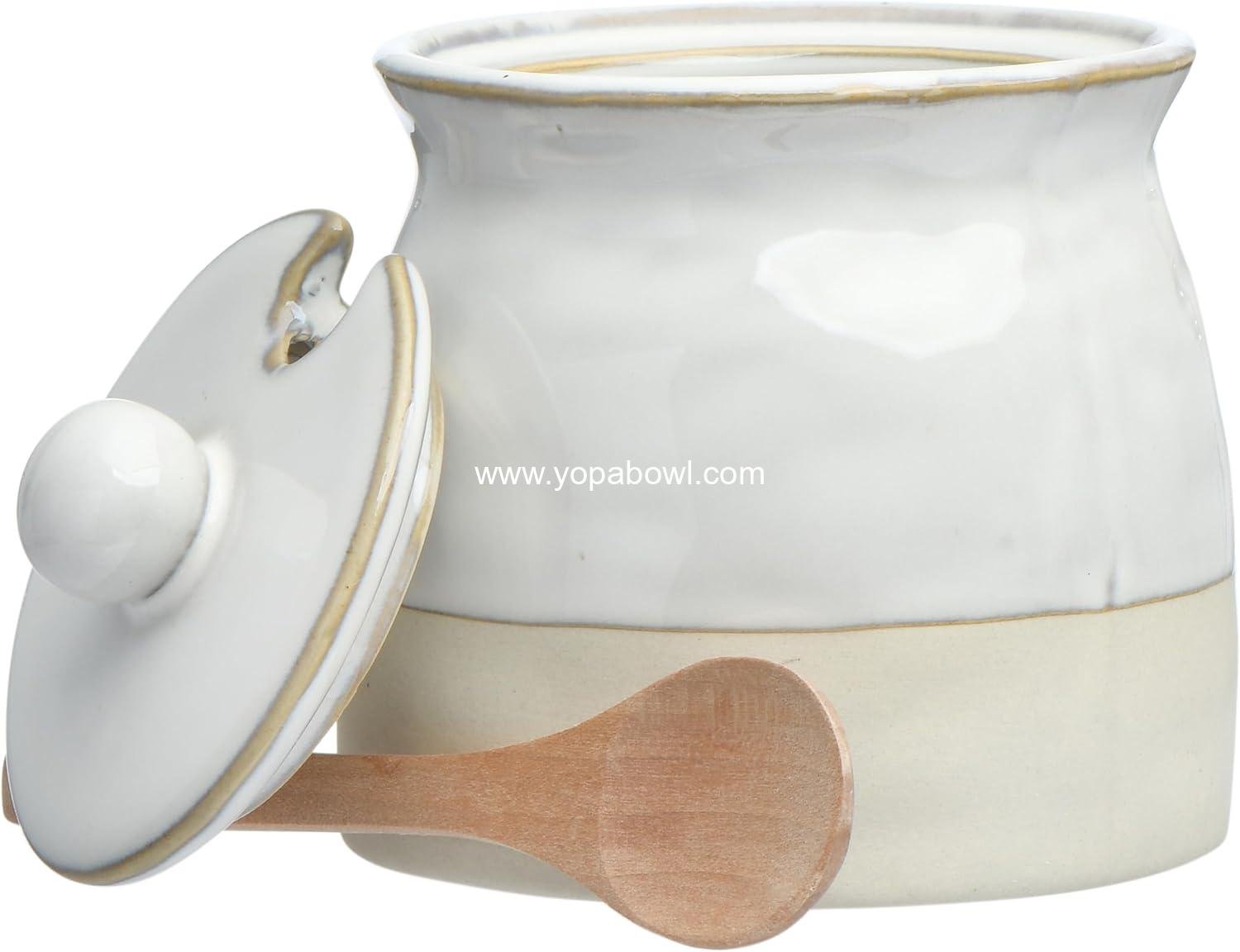 Wholesale Stoneware Sugar Pot with Lid and Wood Spoon, White Glaze, 12 oz, Factory