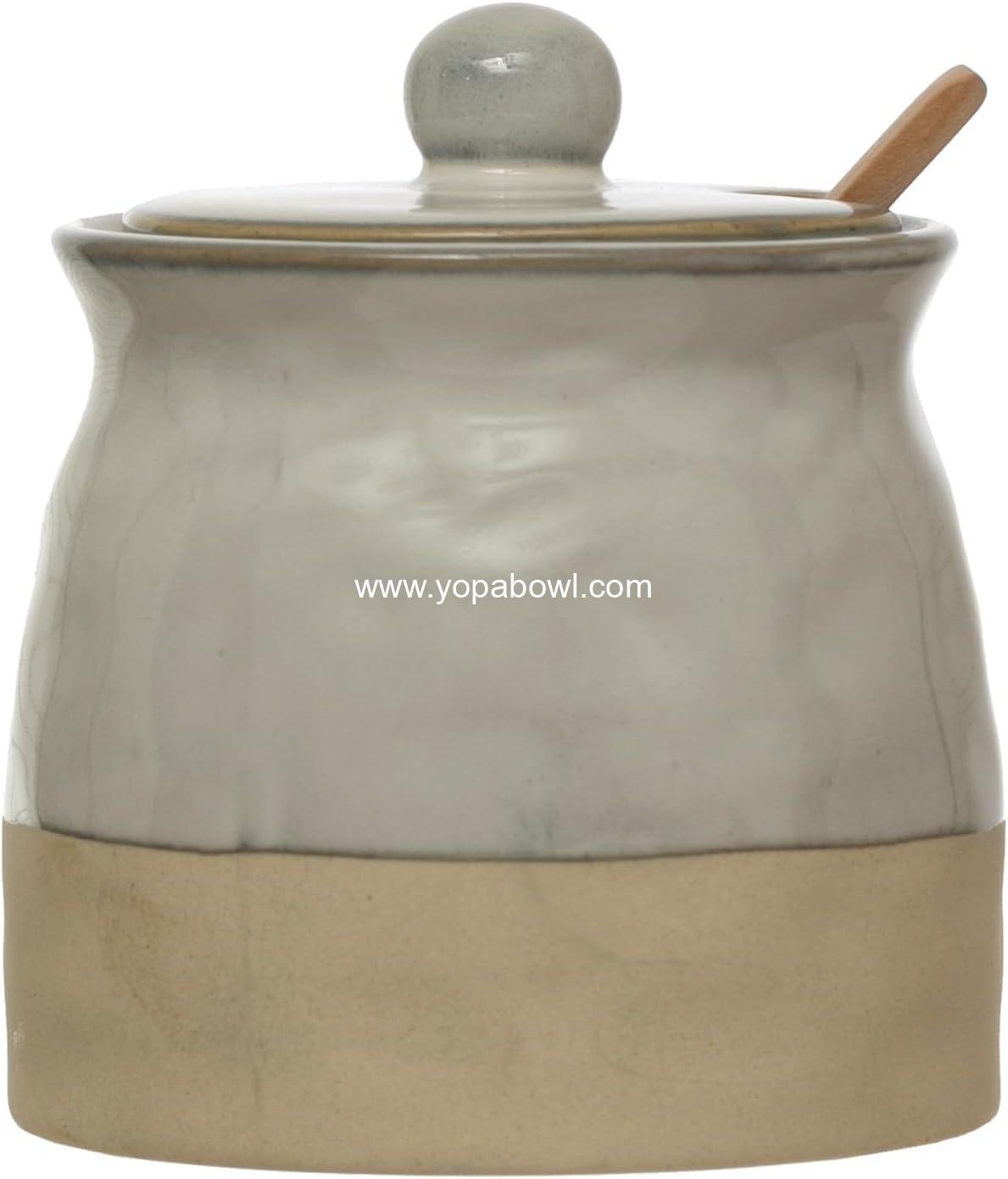 Wholesale Stoneware Sugar Pot with Lid and Wood Spoon, White Glaze, 12 oz, Factory