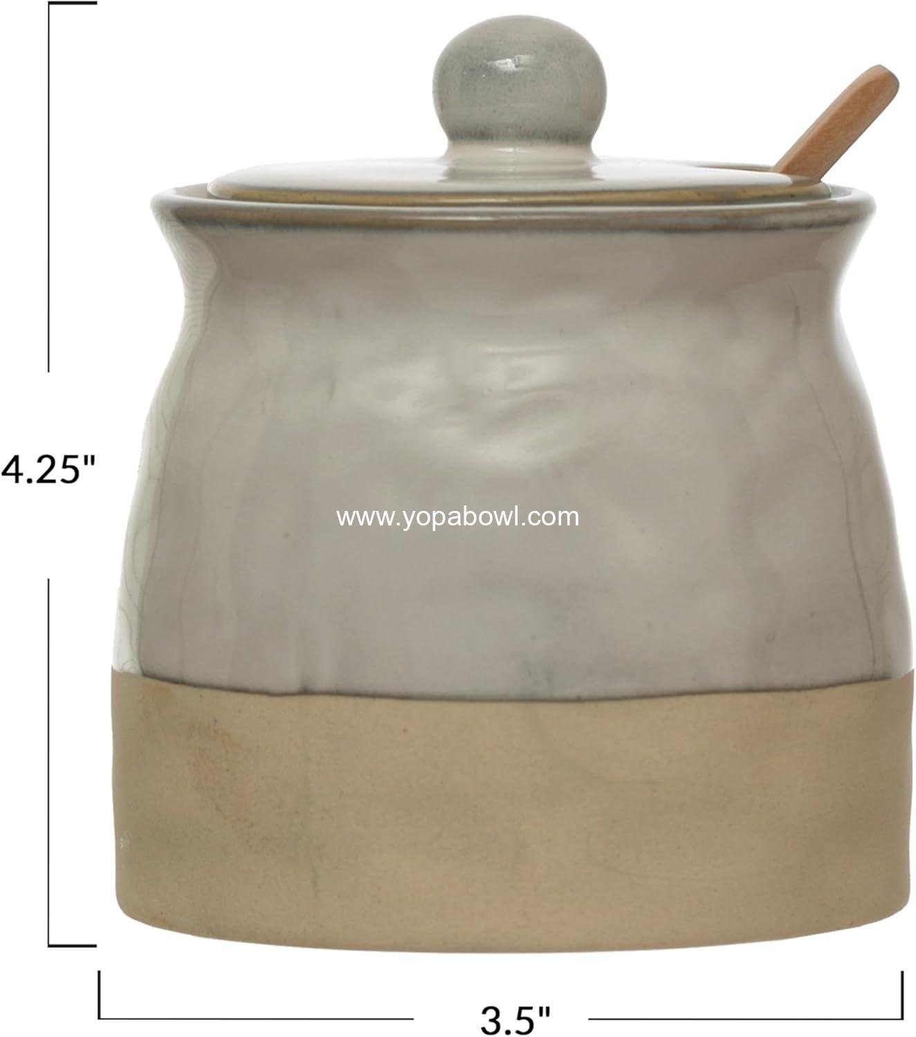 Wholesale Stoneware Sugar Pot with Lid and Wood Spoon, White Glaze, 12 oz, Factory