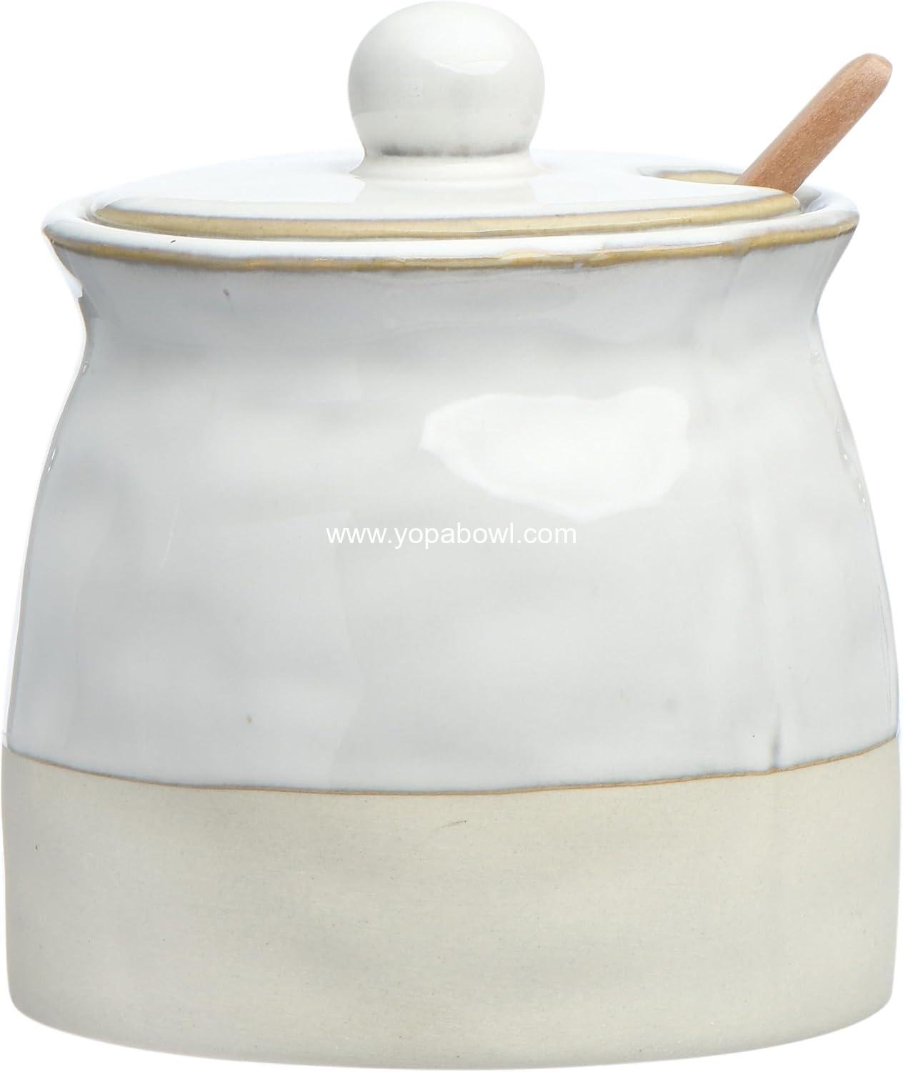 Creative Co-Op Stoneware Sugar Pot with Lid and Wood Spoon, White Glaze