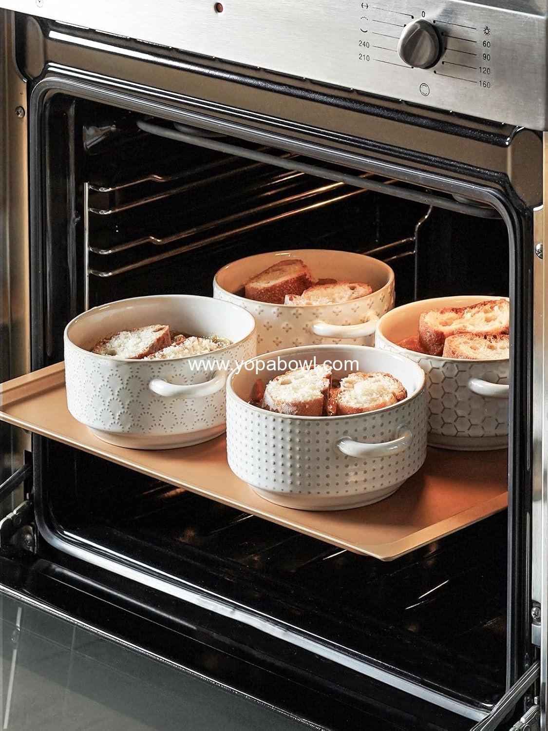 Wholesale 20 oz Soup Bowls with Handles, Stackable Oven Safe Crocks for Chili and Stew, Embossed Ceramic Set of 4, 5.4 Inch, Arctic White - Factory