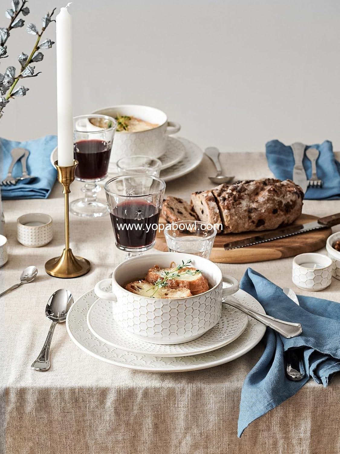 Wholesale 20 oz Soup Bowls with Handles, Stackable Oven Safe Crocks for Chili and Stew, Embossed Ceramic Set of 4, 5.4 Inch, Arctic White - Factory