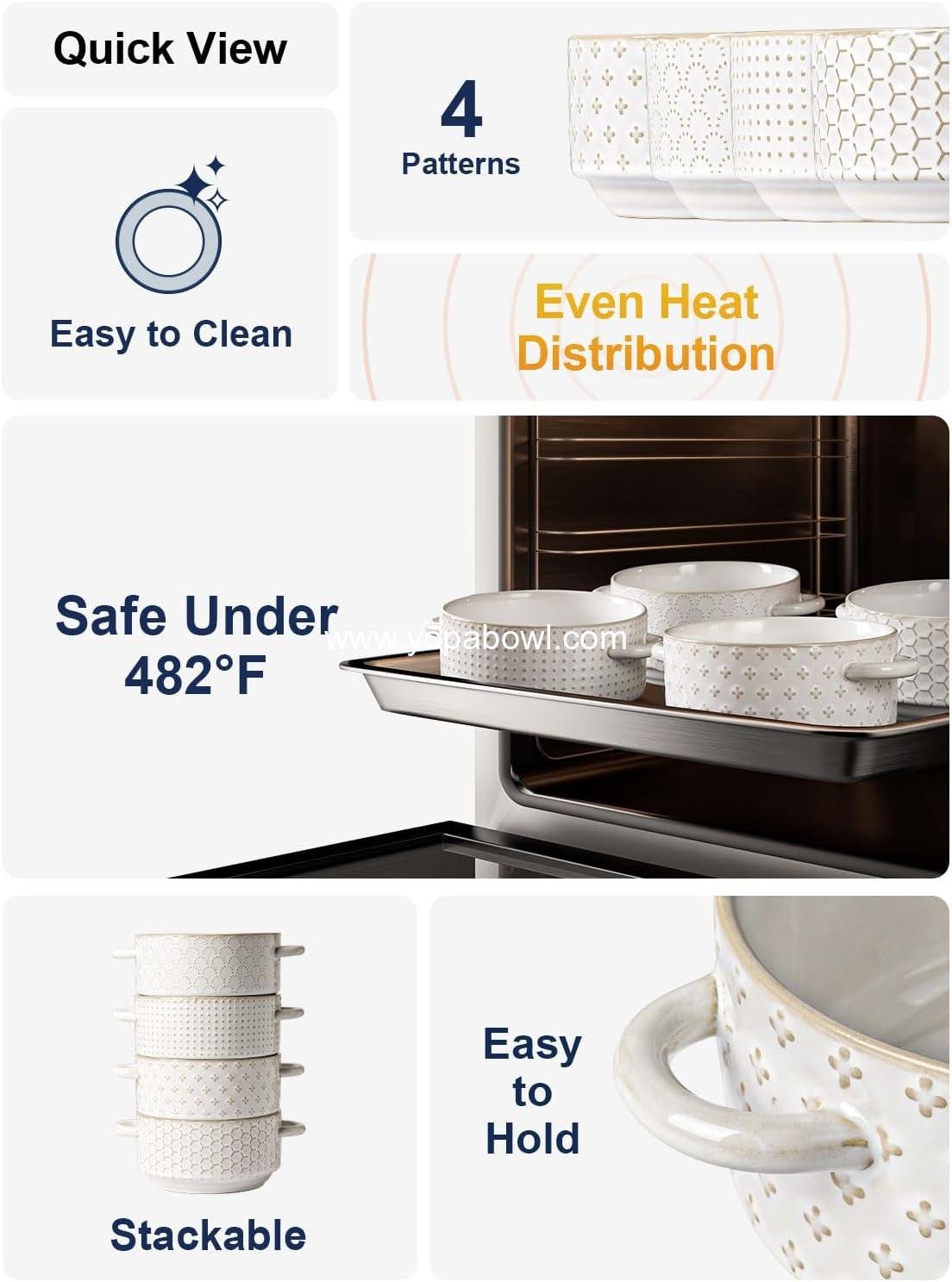 Wholesale 20 oz Soup Bowls with Handles, Stackable Oven Safe Crocks for Chili and Stew, Embossed Ceramic Set of 4, 5.4 Inch, Arctic White - Factory