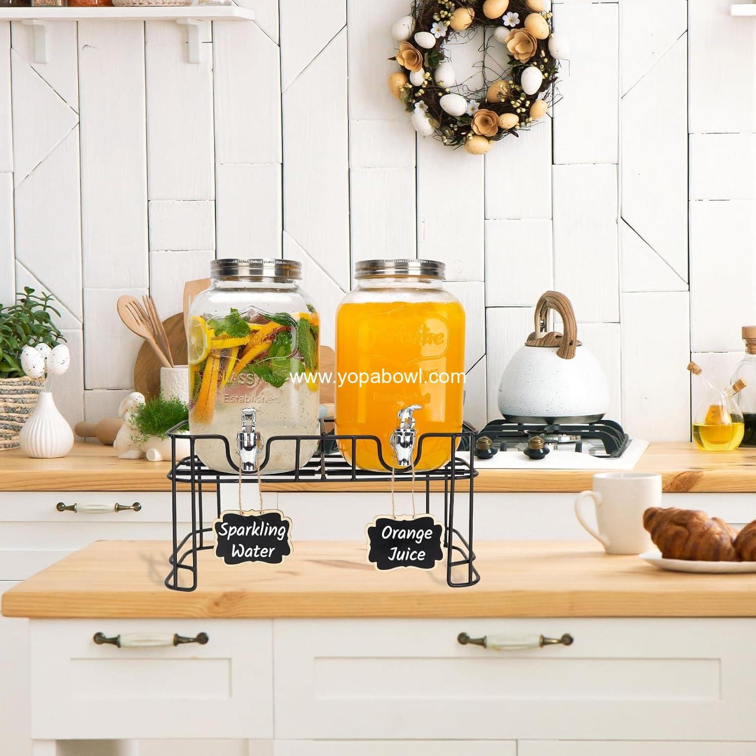 Wholesale Glass Drink Dispensers for Parties 2-Pack 1 Gallon Beverage Dispenser with Stand and Spigot, Leak Proof Lemonade Dispenser with Ice Cylinder and Chalkboard Factory