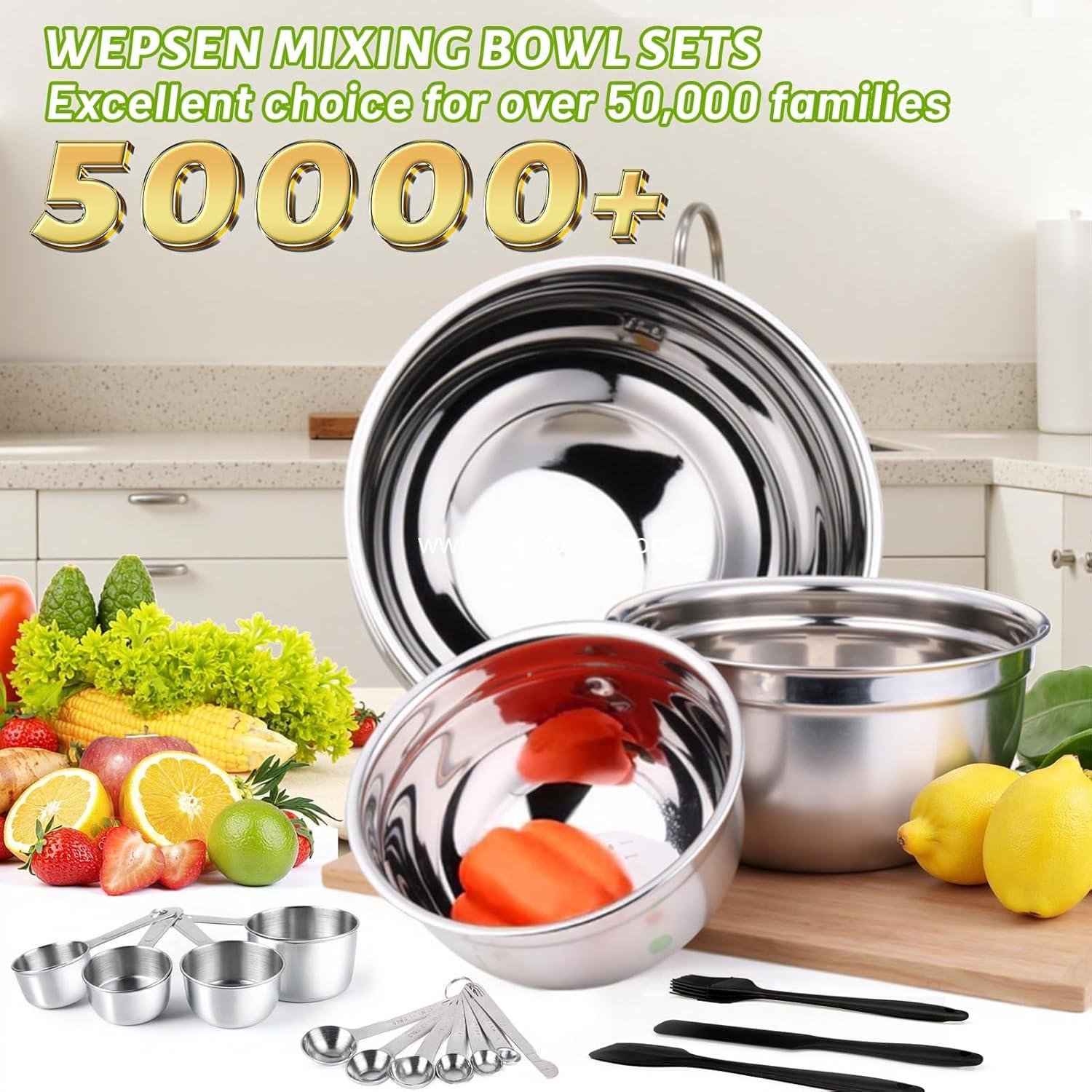 Wholesale Mixing Bowls Set, 27PCS Stainless Steel Bowls with Lids, Large Nesting Sizes: 7QT, 4.5QT, 3QT, 2.5QT, 2QT, 1.5QT, Includes Measuring Cups and Spoons, Metal Kitchen Utensils Factory