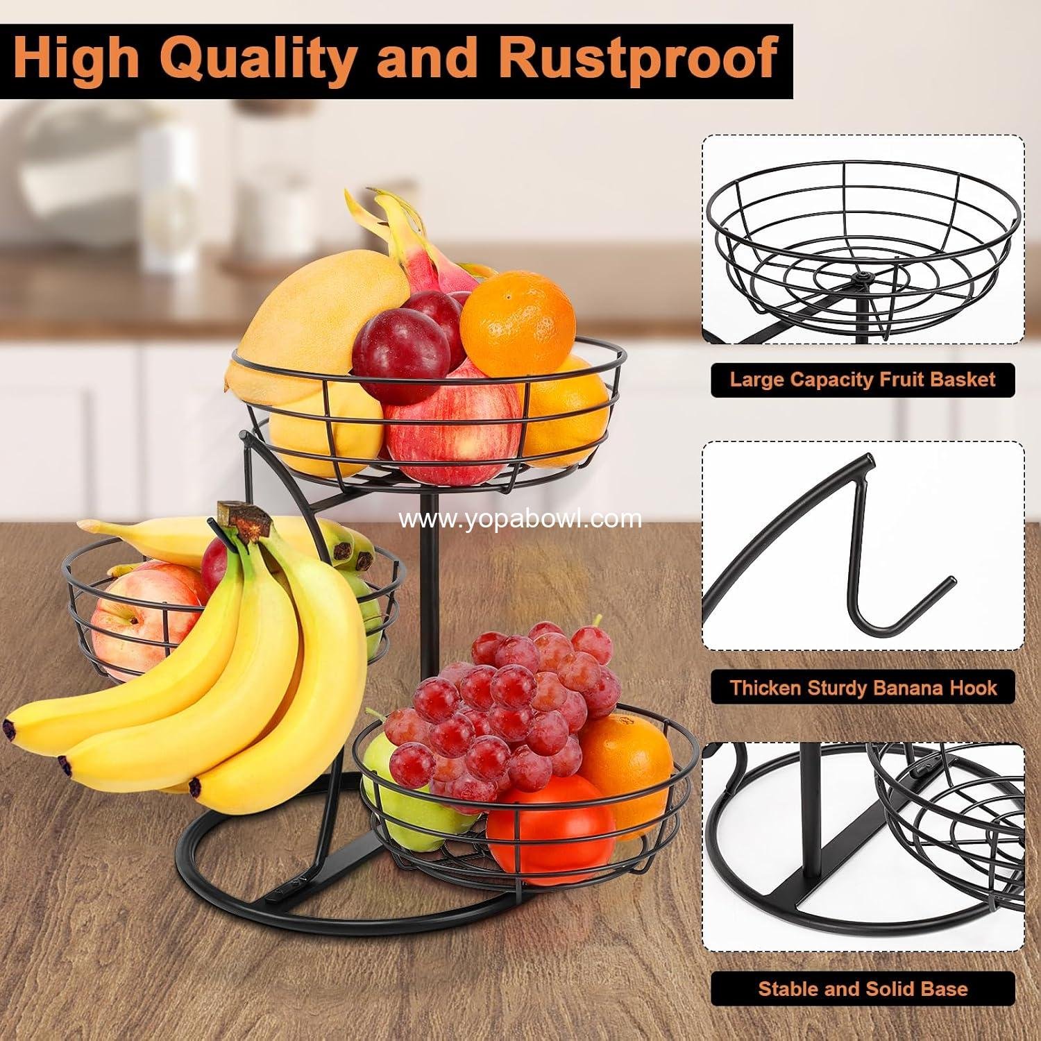 Wholesale Fruit Basket Bowl with Banana Hanger, 3-Tier Metal Base Fruit Vegetable Storage Organizer for Kitchen Counter, Detachable Holder for Bread Snack Produce (Black) Factory Wholesale Fruit Basket Bowl with Banana Hanger, 3-Tier Metal Base Fruit Vegetable Storage Organizer for Kitchen Counter, Detachable Holder for Bread Snack Produce (Black) Factory