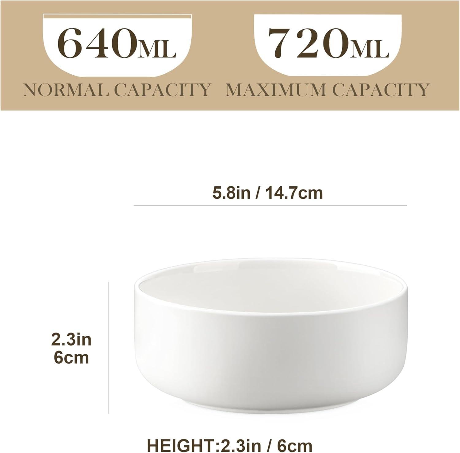 OEM 24 OZ Cereal Soup Oatmeal Bowls Set of 6, Ceramic Serving Bowls, Dishwasher and Microwave Safe, White, Series LUNA Factory