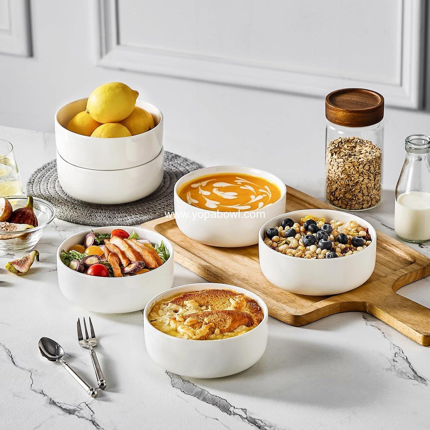 OEM 24 OZ Cereal Soup Oatmeal Bowls Set of 6, Ceramic Serving Bowls, Dishwasher and Microwave Safe, White, Series LUNA Factory