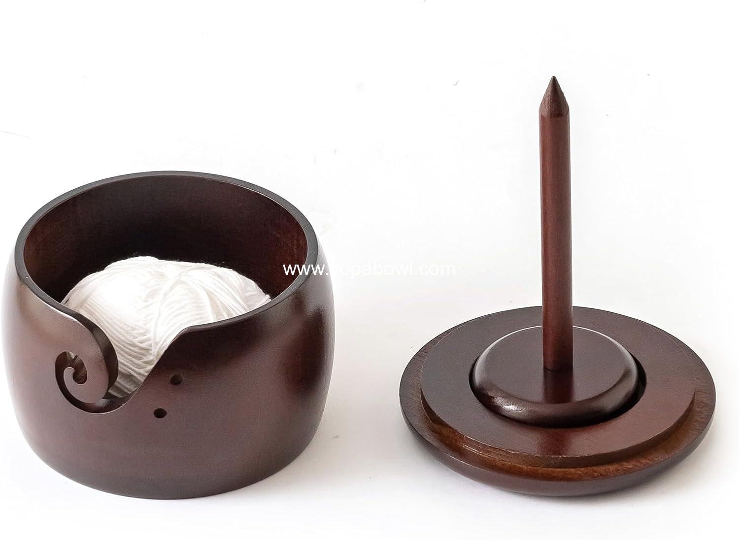OEM Large Wooden Yarn Bowl with Removable Holder, Crochet Bowl with Lid and Handmade Holes, 2-in-1 for Wool Spinning and Storage (6.3