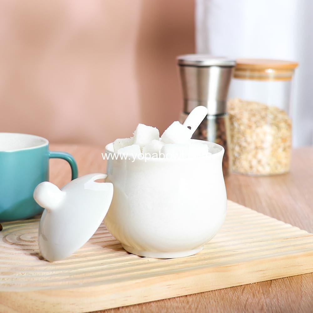 Wholesale Ceramic Sugar Bowl with Lid and Spoon, Porcelain Salt Storage Jar, 7 oz White Seasoning Container for Home and Kitchen Factory