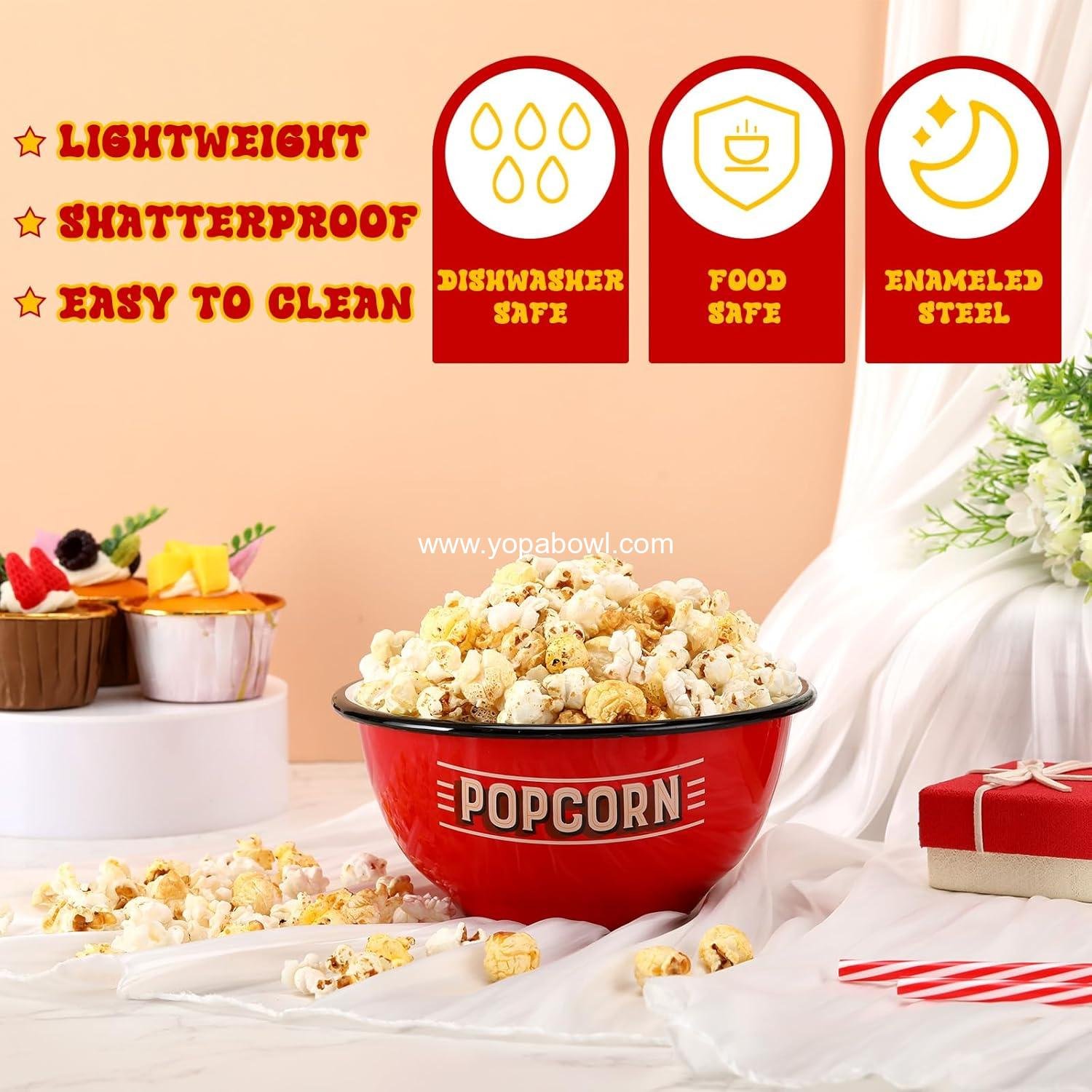OEM Red Popcorn Bowl Enamelware 1.16 Quart Shatterproof Reusable Serving Bucket Family Container for Movie Night Game Party Factory