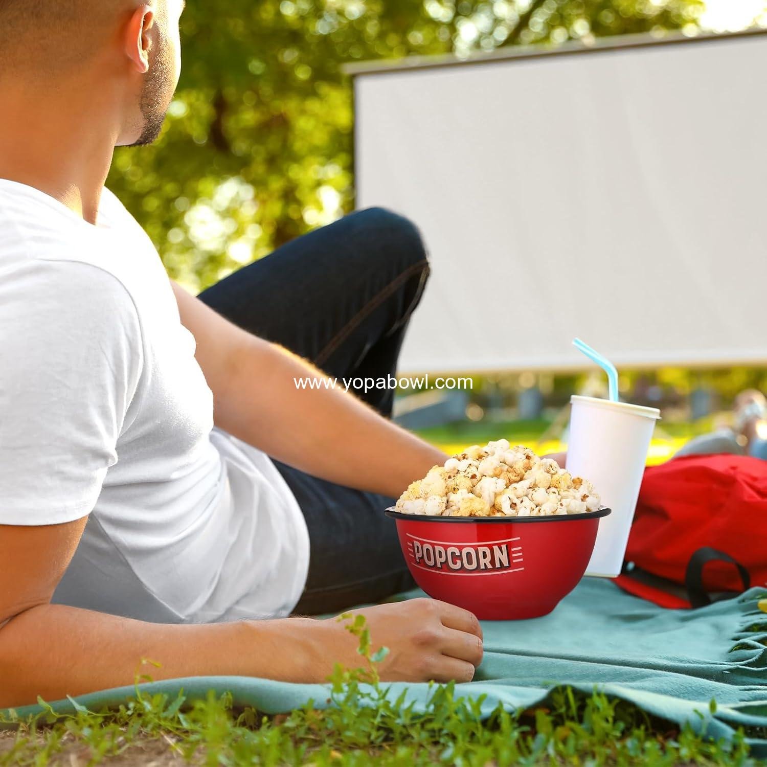 OEM Red Popcorn Bowl Enamelware 1.16 Quart Shatterproof Reusable Serving Bucket Family Container for Movie Night Game Party Factory