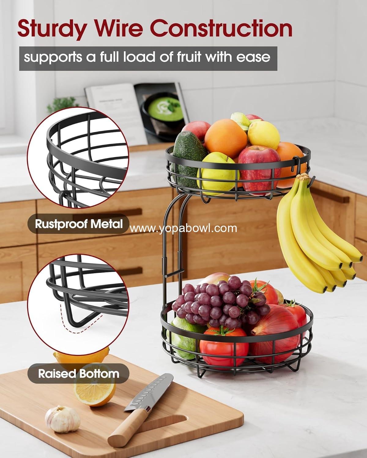 Wholesale 2-Tier Fruit Basket for Kitchen Counter - Large Capacity Fruit Bowl with Detachable Banana Hanger, Rust-Proof Metal Holder for Vegetables and Bread, 10