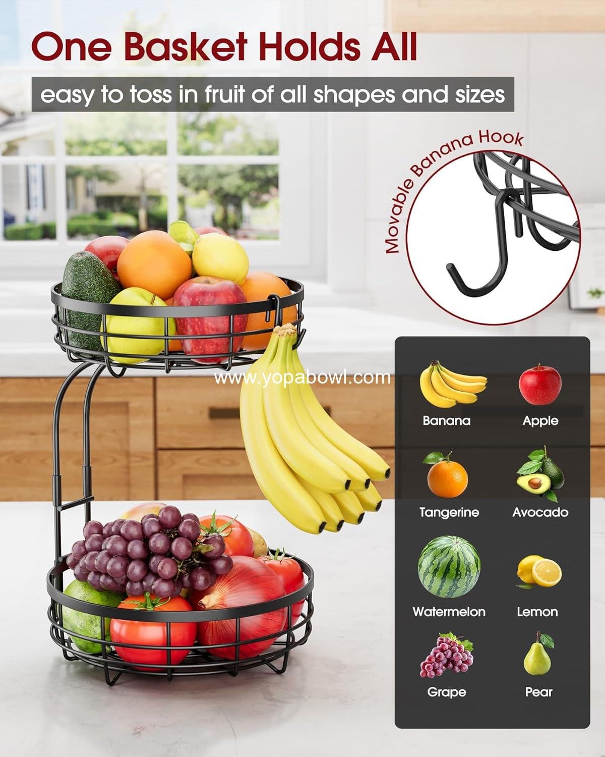 Wholesale 2-Tier Fruit Basket for Kitchen Counter - Large Capacity Fruit Bowl with Detachable Banana Hanger, Rust-Proof Metal Holder for Vegetables and Bread, 10