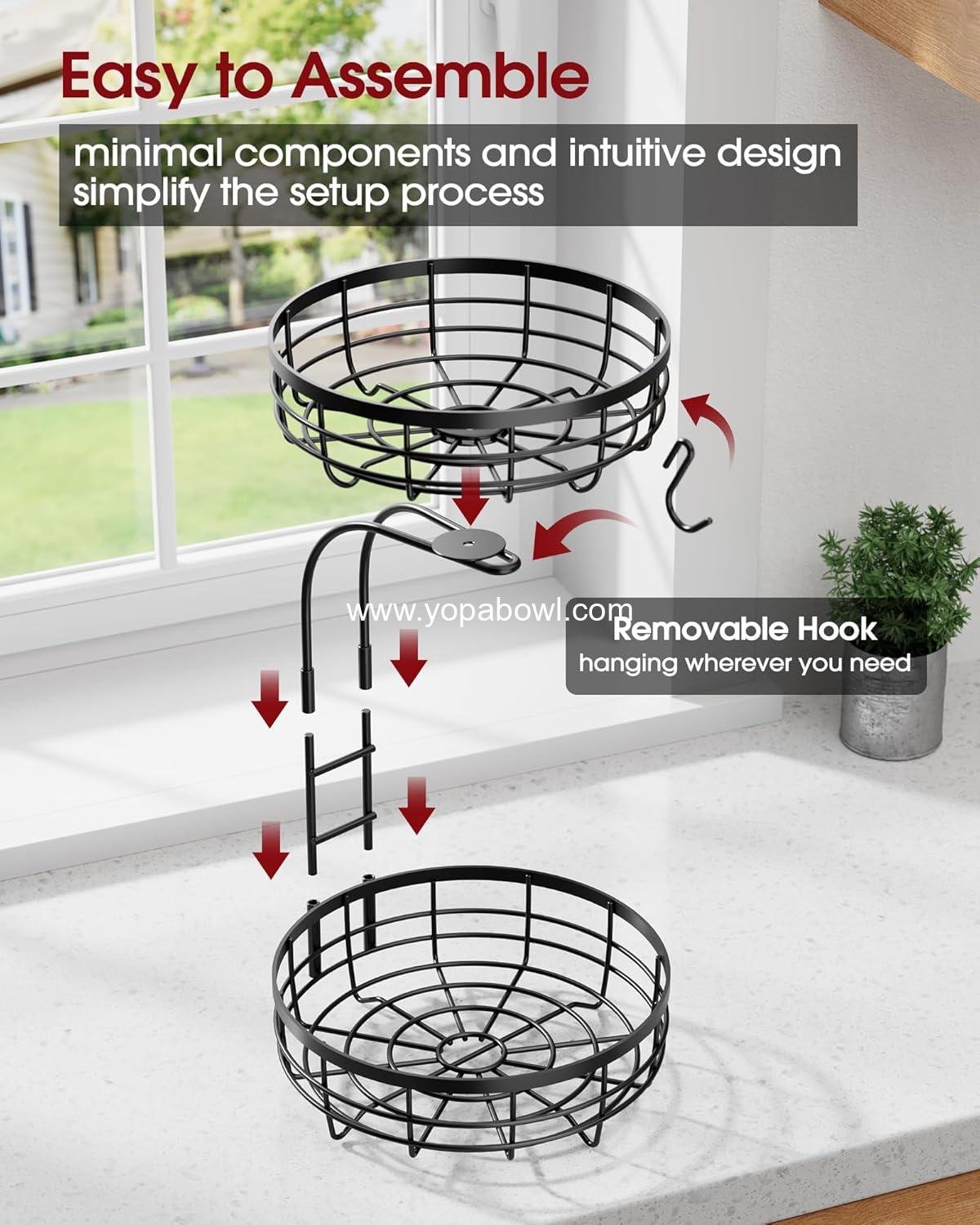 Wholesale 2-Tier Fruit Basket for Kitchen Counter - Large Capacity Fruit Bowl with Detachable Banana Hanger, Rust-Proof Metal Holder for Vegetables and Bread, 10