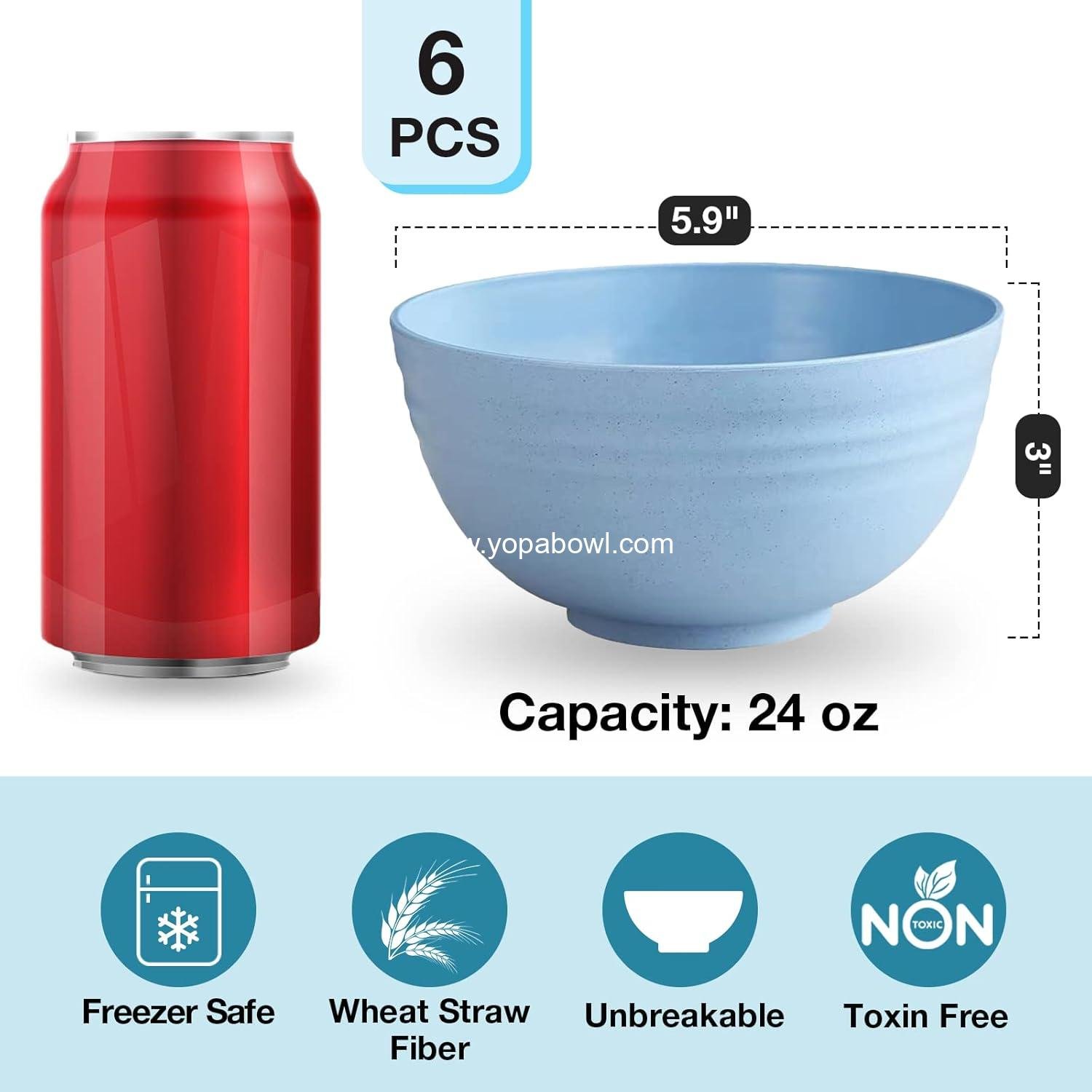 OEM Unbreakable Cereal Bowls Set of 6, 24 oz Wheat Straw, Microwave & Dishwasher Safe, BPA-Free for Cereal, Dessert, Soup, Pasta, Salad, Lightweight Factory