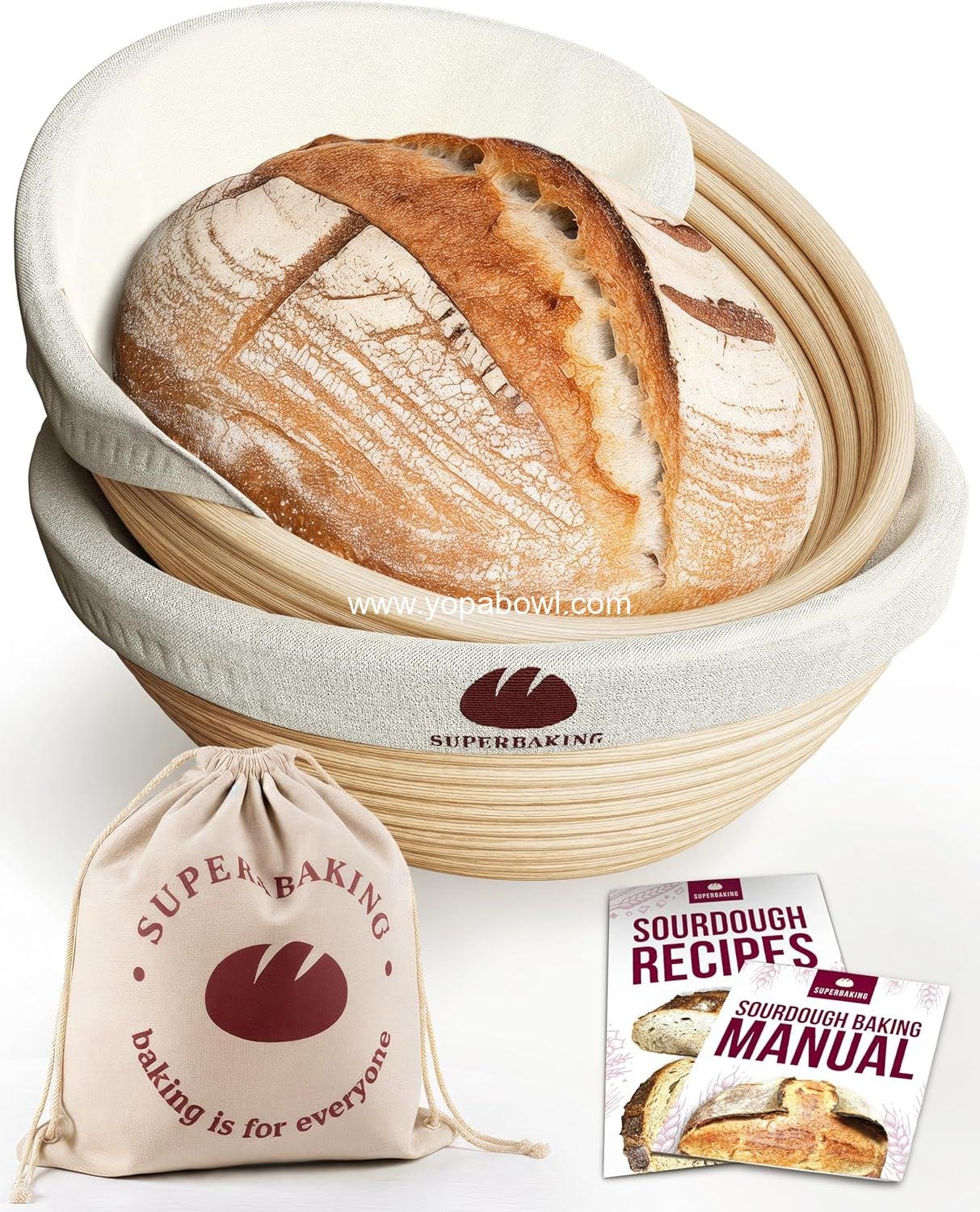 Superbaking Banneton Bread Proofing Basket Set of 2, 9" Splinter-Free Round Rattan Bread Basket with Liners, Sourdough Starter Kit, Sourdough Bread Baking Supplies & Sourdough Kit, Bread Making Tools