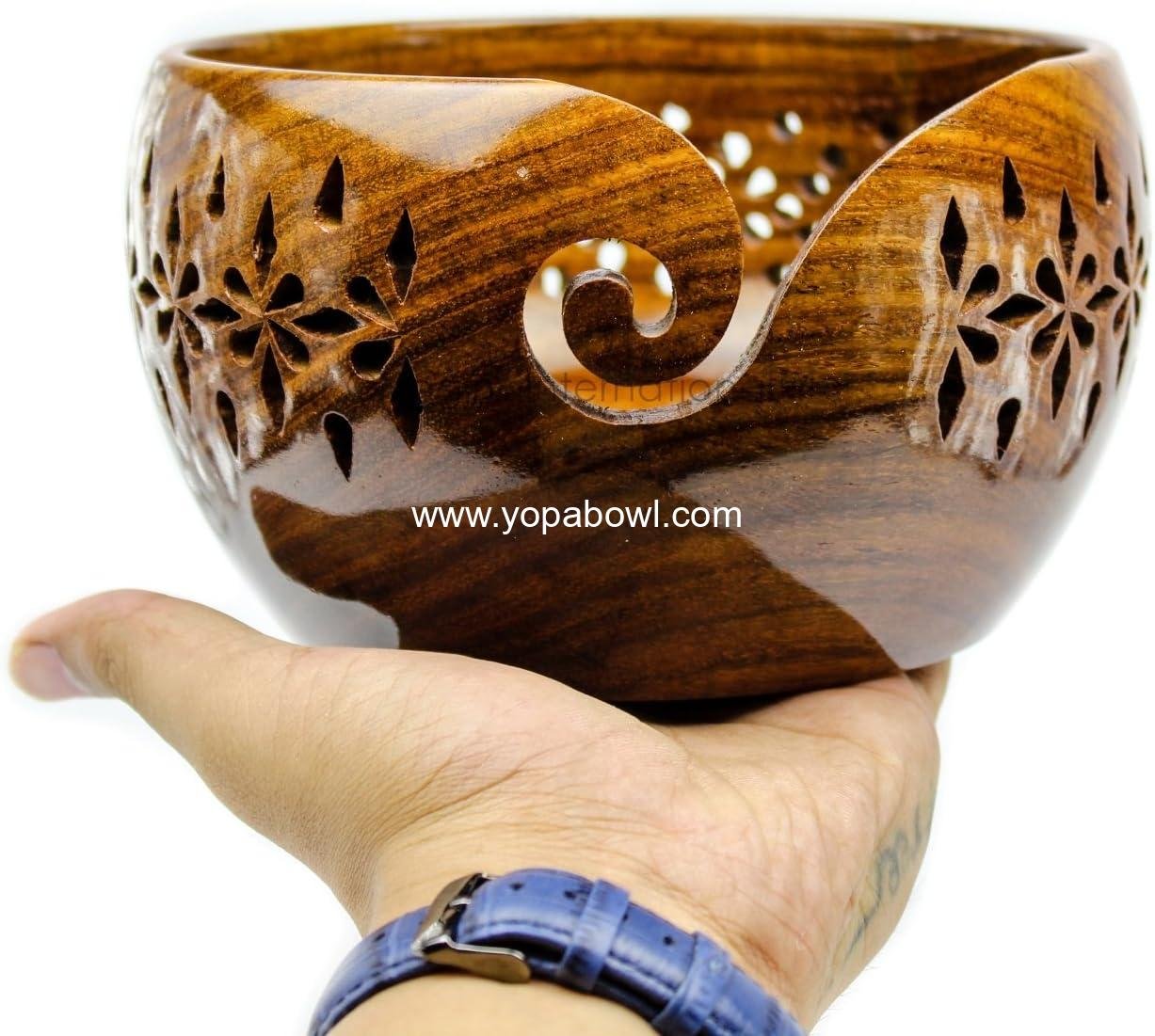 Nagina International Rosewood Crafted Wooden Yarn Storage Bowl With Carved Holes & Drills | Knitting Crochet Accessories (Large)