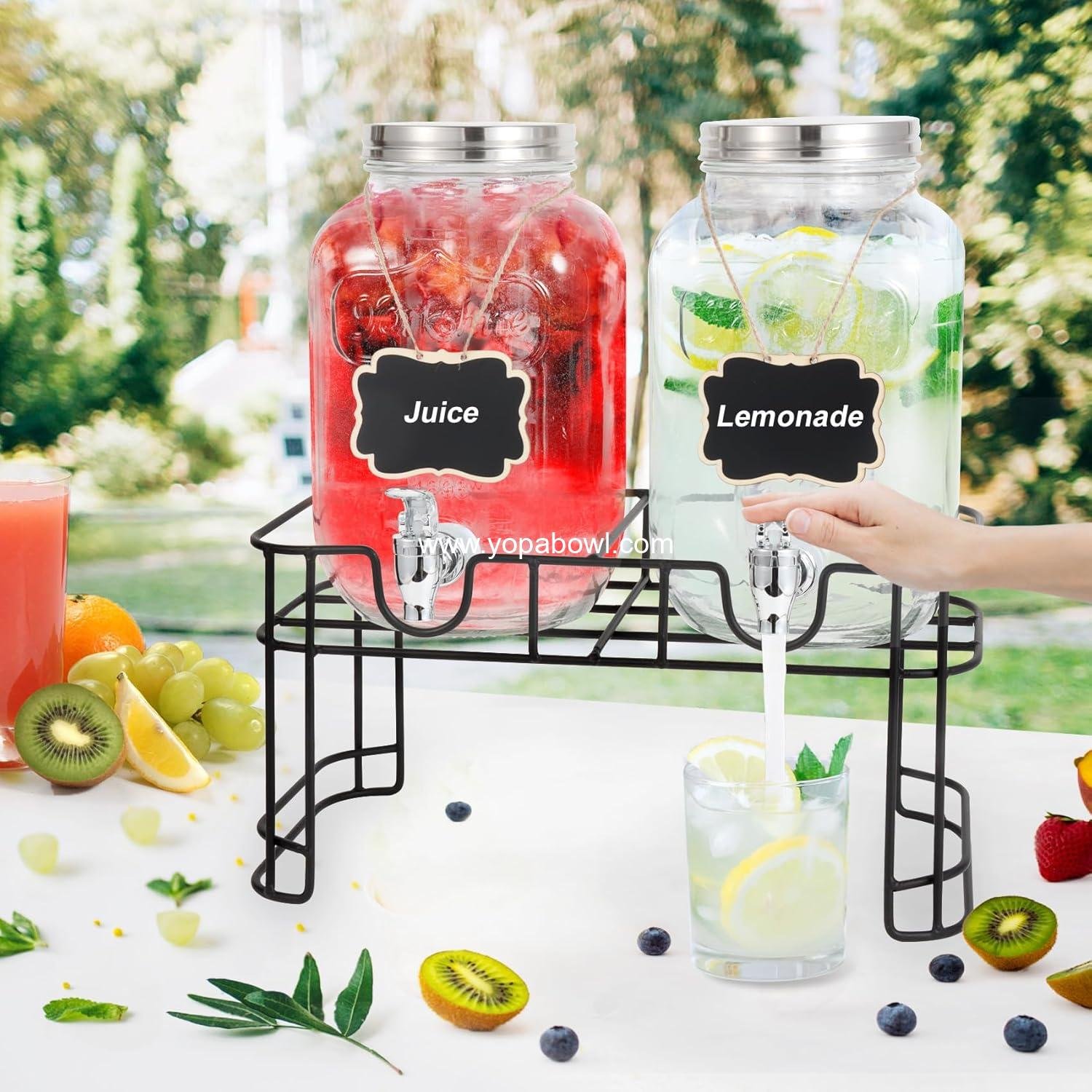 Wholesale 1 Gallon Glass Drink Dispenser Set of 2 with Fruit Infuser and Stand – Perfect for Juice, Beverages, BBQs, Picnics, and Parties - Factory