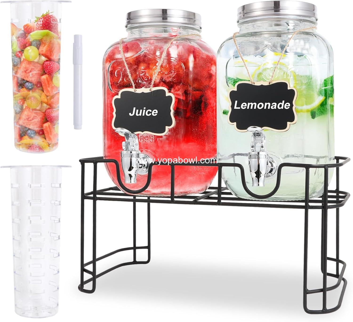 1 Gallon Glass Drink Dispensers For Parties-Set of 2,Drink Dispenser with Fruit Infuser & Stand,Juice or Beverage Dispenser for BBQ, Picnic, Party,Laundry Detergent Dispenser