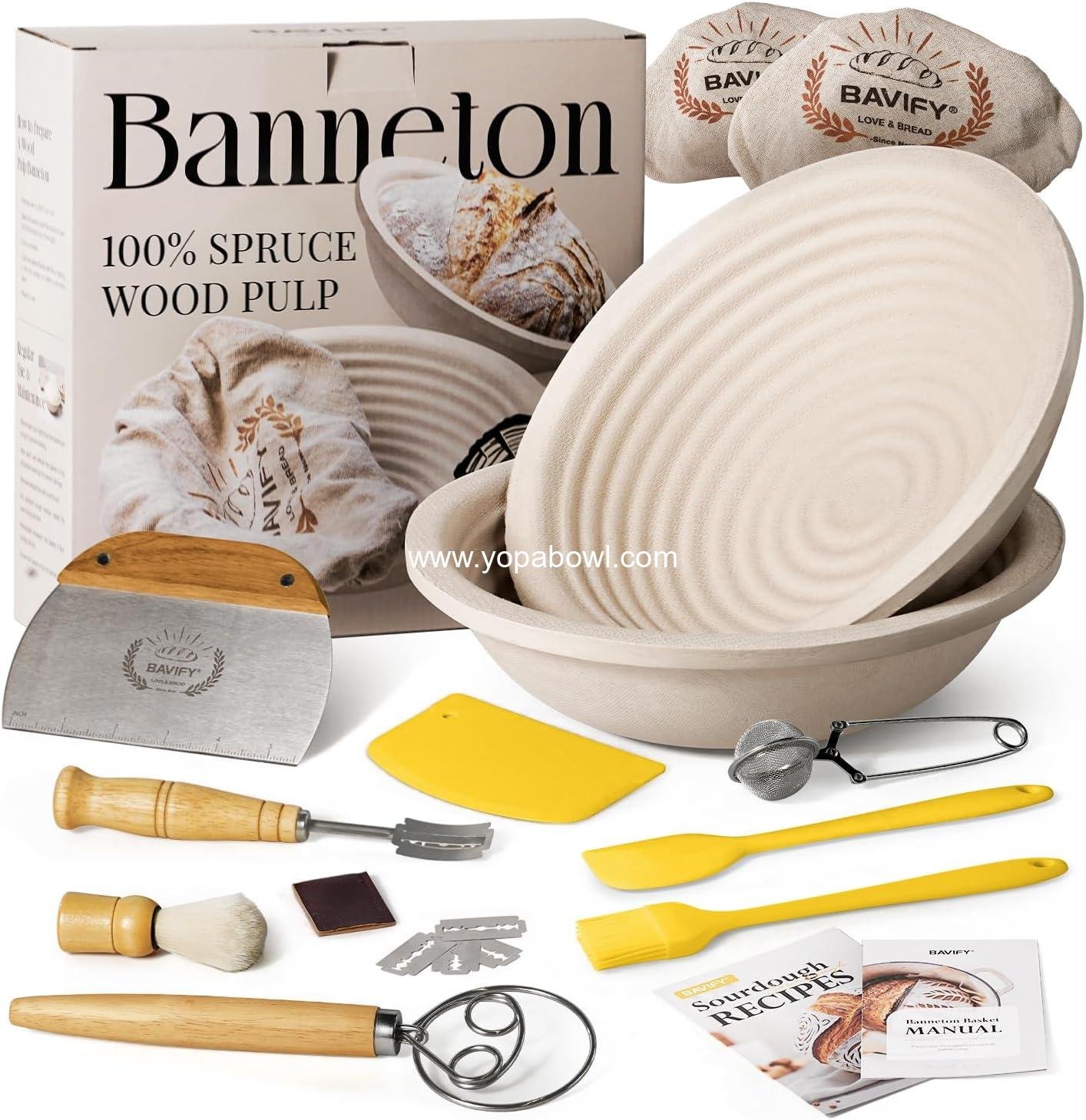 Wood Pulp Banneton Bread Proofing Basket Set, 9" 2.2LB Round Sourdough Banneton Basket Kit, Sourdough Bread Making Tool Baking Supplies with Proofing Bowl, Cover, Dough Whisk, Lame, Scraper