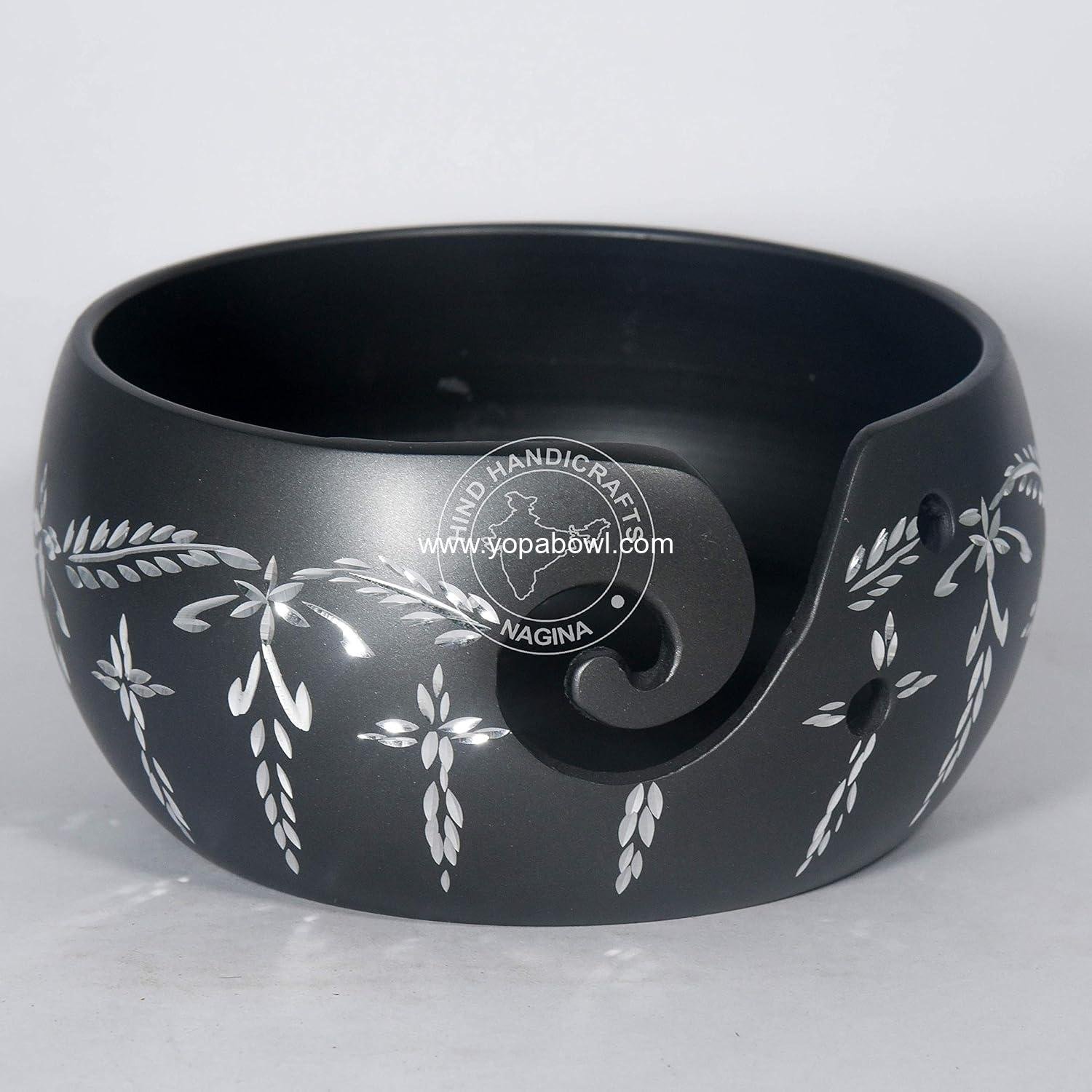 Aluminium Yarn Bowl – Handmade Knitting & Crochet Storage, Portable Metal Yarn Holder with Silver Engraving, Smooth Finish, 6” x 6” x 3” (Matte Black)