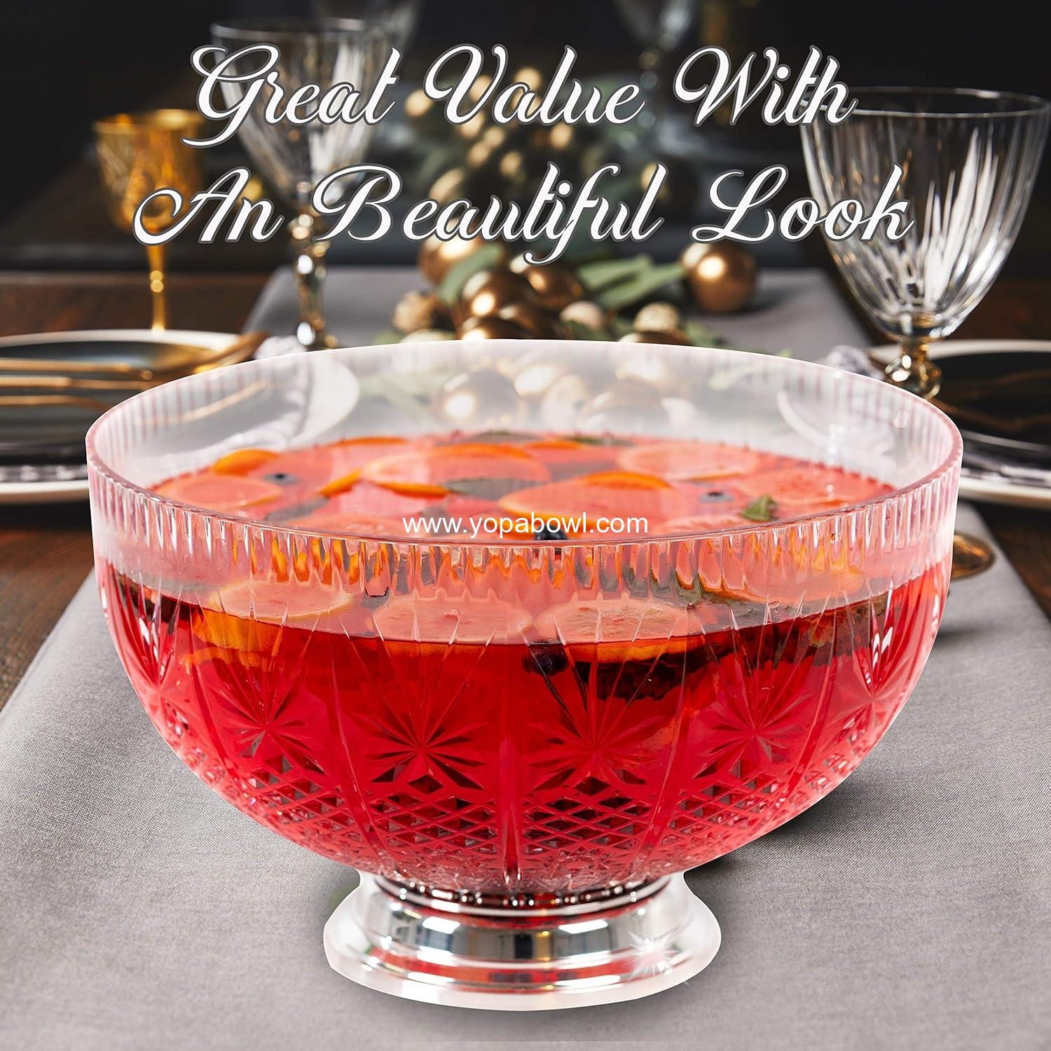 Wholesale 3 Gallon Crystal Cut Plastic Punch Bowl with Ladle and Chrome Base for Parties - Factory
