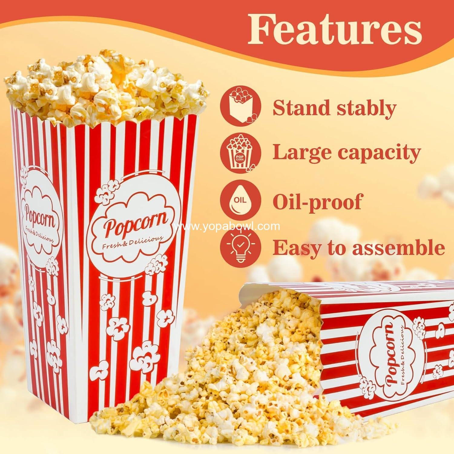 Wholesale 46oz Popcorn Boxes - Easy Assembly Square Bowls for Parties, Halloween, Christmas, and Movie Nights - Disposable Containers for Individual Servings - Factory
