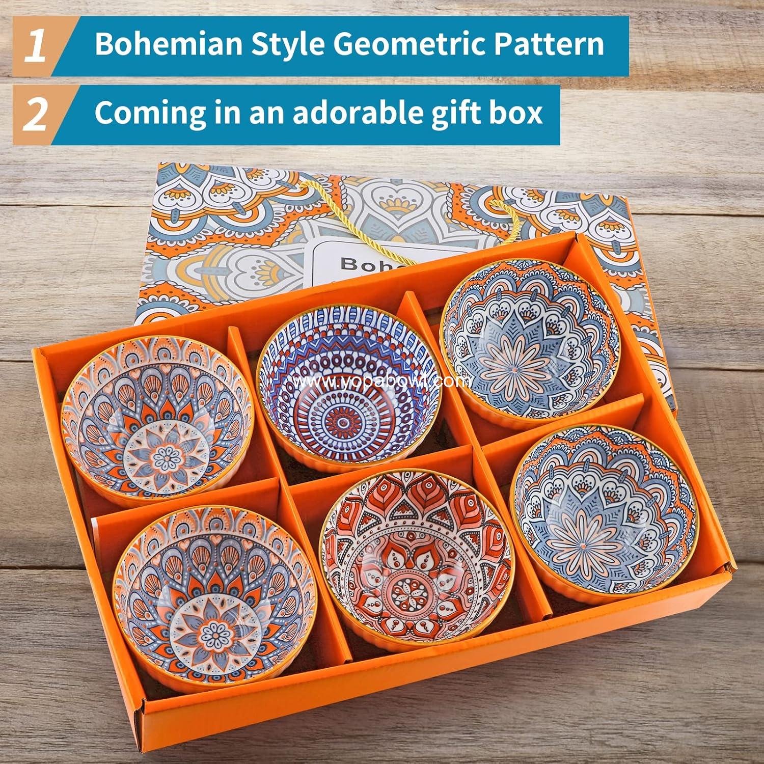Wholesale Ceramic Rice Bowls 10 oz, Bohemian Style Dinnerware Set, Assorted Serving Bowls for Cereal, Soup, Dessert, Snacks, Fruits, Salsa, Pack of 6 Geometric Pattern - Factory