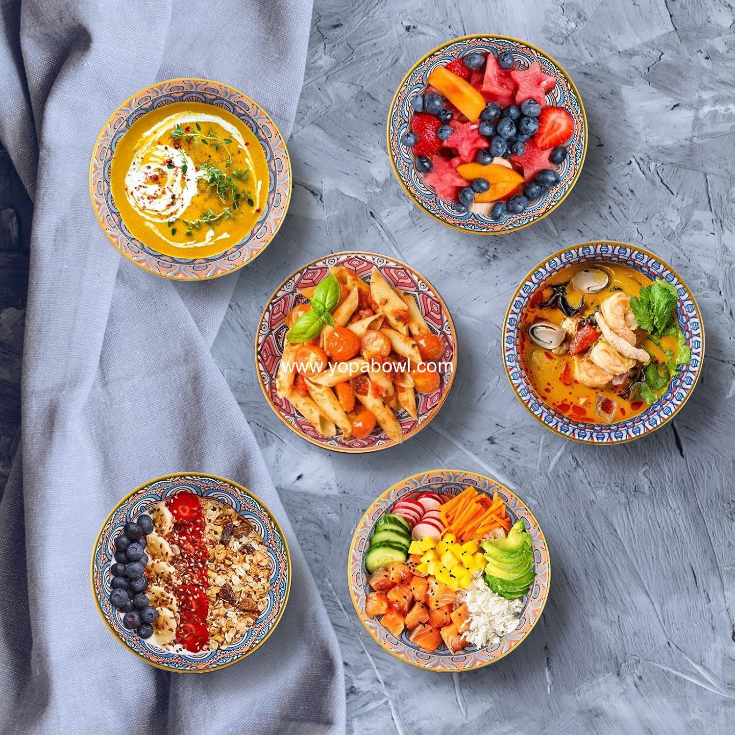 Wholesale Ceramic Rice Bowls 10 oz, Bohemian Style Dinnerware Set, Assorted Serving Bowls for Cereal, Soup, Dessert, Snacks, Fruits, Salsa, Pack of 6 Geometric Pattern - Factory