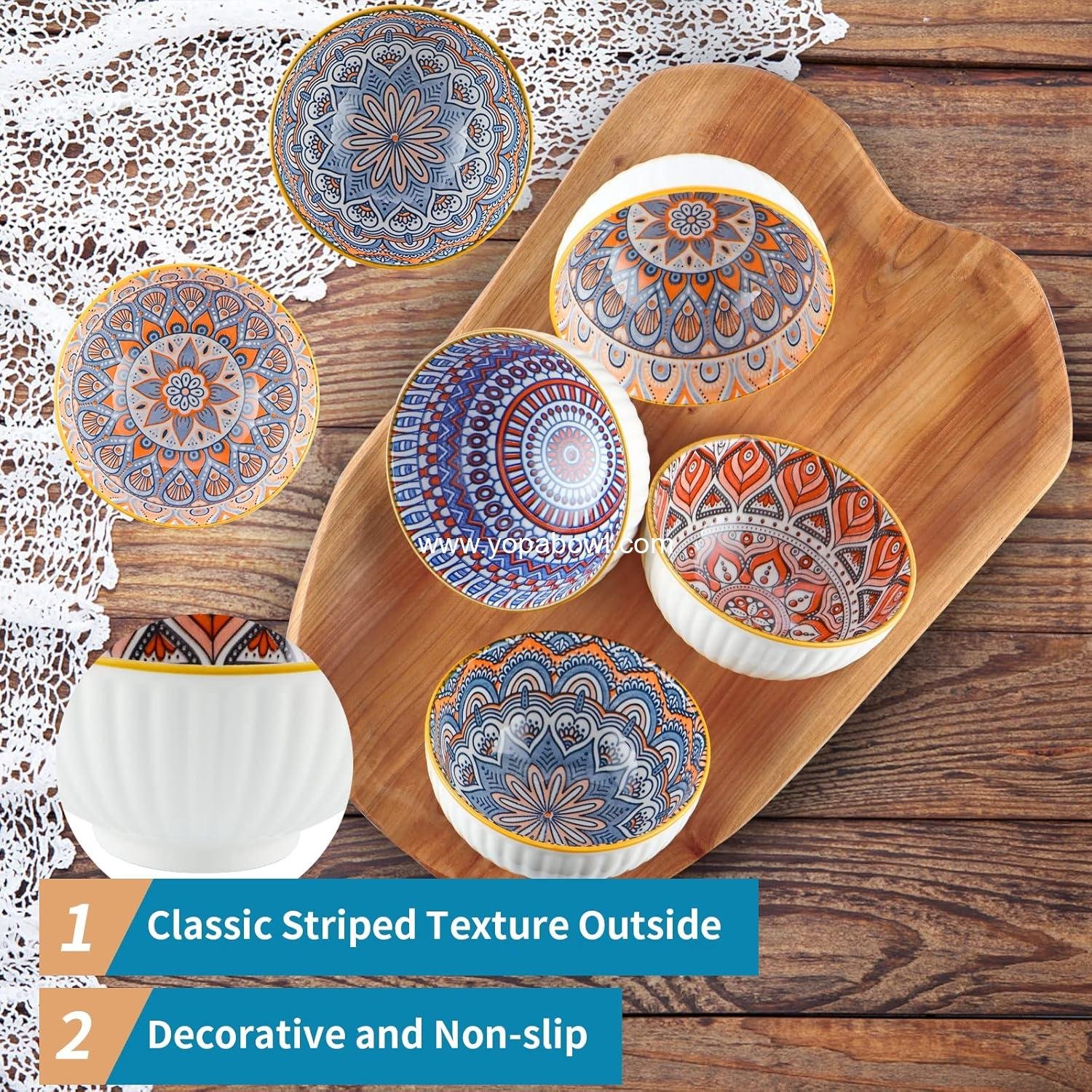 Wholesale Ceramic Rice Bowls 10 oz, Bohemian Style Dinnerware Set, Assorted Serving Bowls for Cereal, Soup, Dessert, Snacks, Fruits, Salsa, Pack of 6 Geometric Pattern - Factory