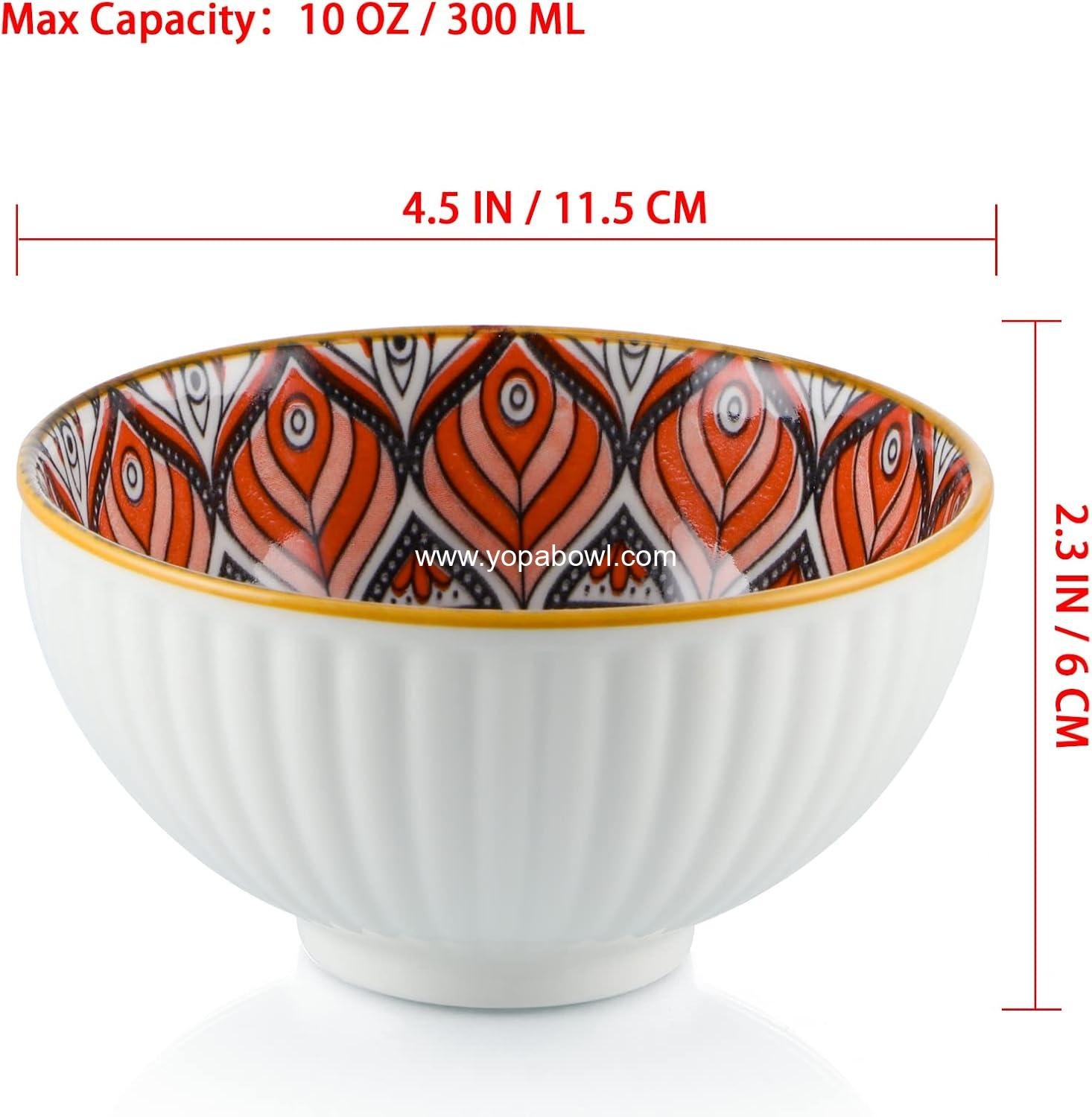 Wholesale Ceramic Rice Bowls 10 oz, Bohemian Style Dinnerware Set, Assorted Serving Bowls for Cereal, Soup, Dessert, Snacks, Fruits, Salsa, Pack of 6 Geometric Pattern - Factory