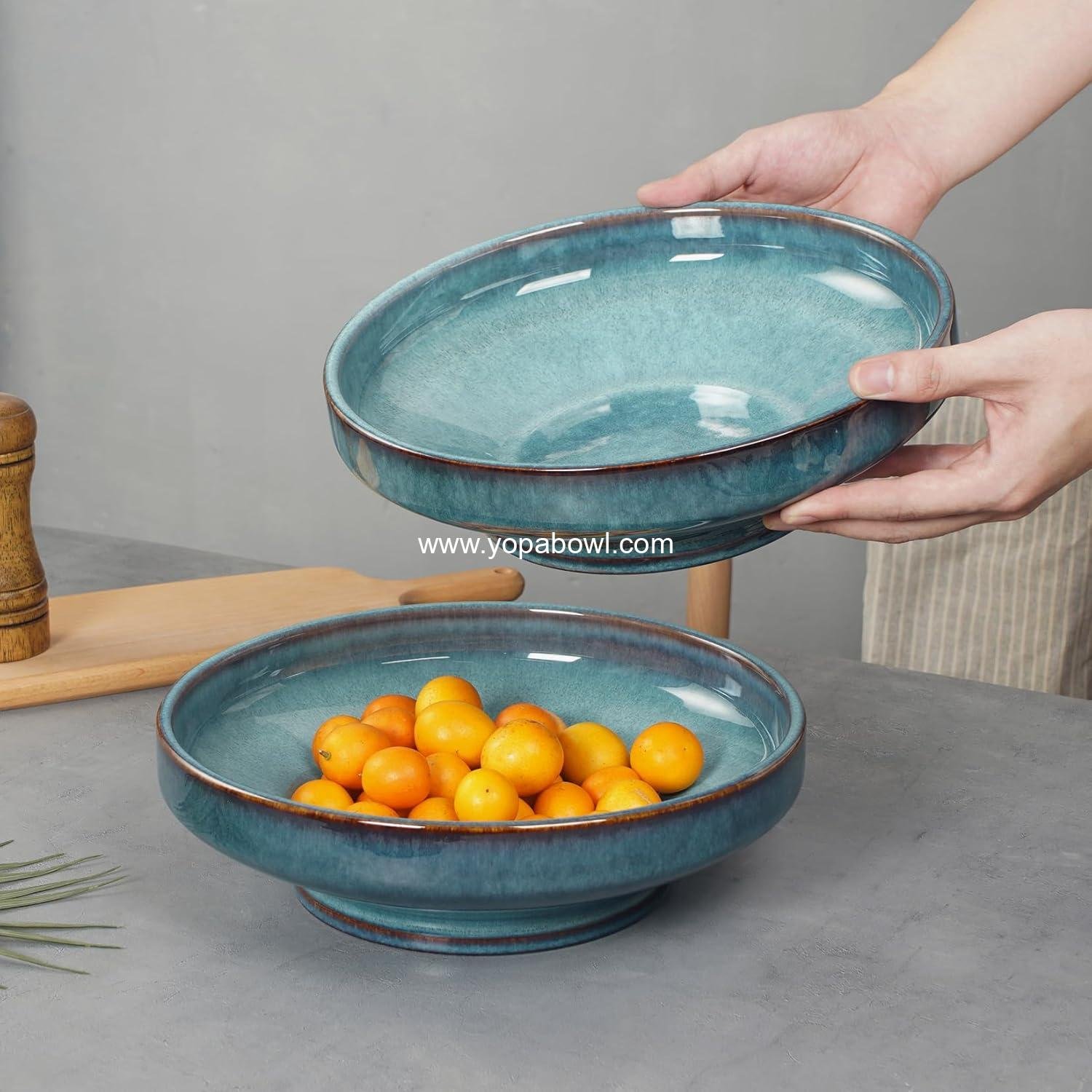 Wholesale Decorative Ceramic Fruit Bowl for Kitchen Counter - Large 10.2 Inch Footed Serving Bowl for Table - Blue Factory