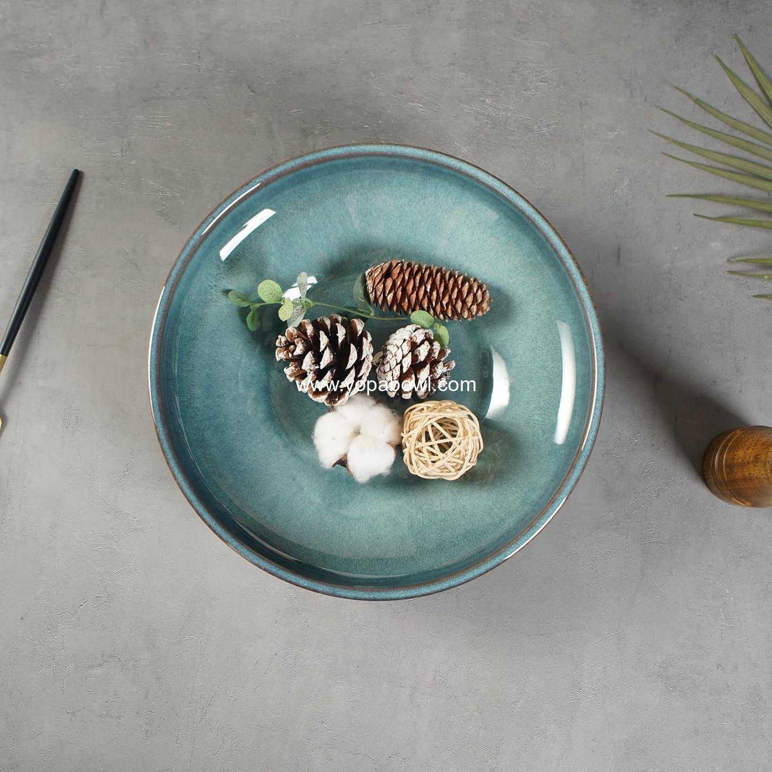 Wholesale Decorative Ceramic Fruit Bowl for Kitchen Counter - Large 10.2 Inch Footed Serving Bowl for Table - Blue Factory