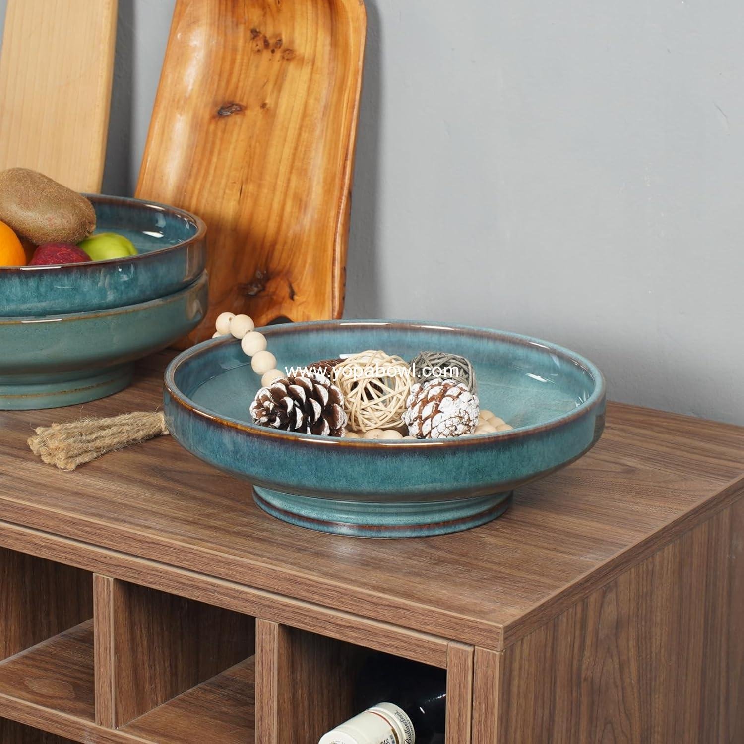 Wholesale Decorative Ceramic Fruit Bowl for Kitchen Counter - Large 10.2 Inch Footed Serving Bowl for Table - Blue Factory