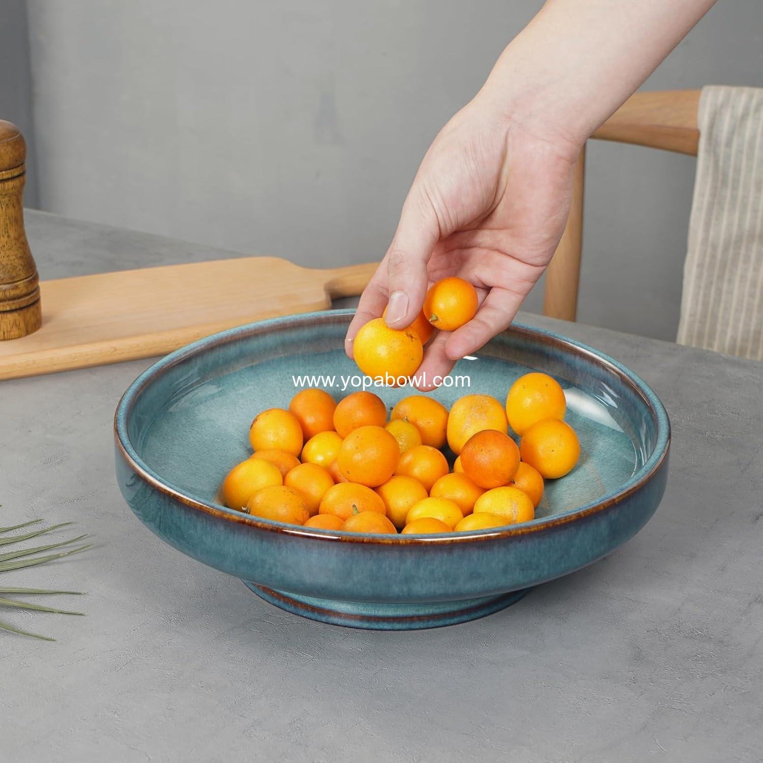 Wholesale Decorative Ceramic Fruit Bowl for Kitchen Counter - Large 10.2 Inch Footed Serving Bowl for Table - Blue Factory