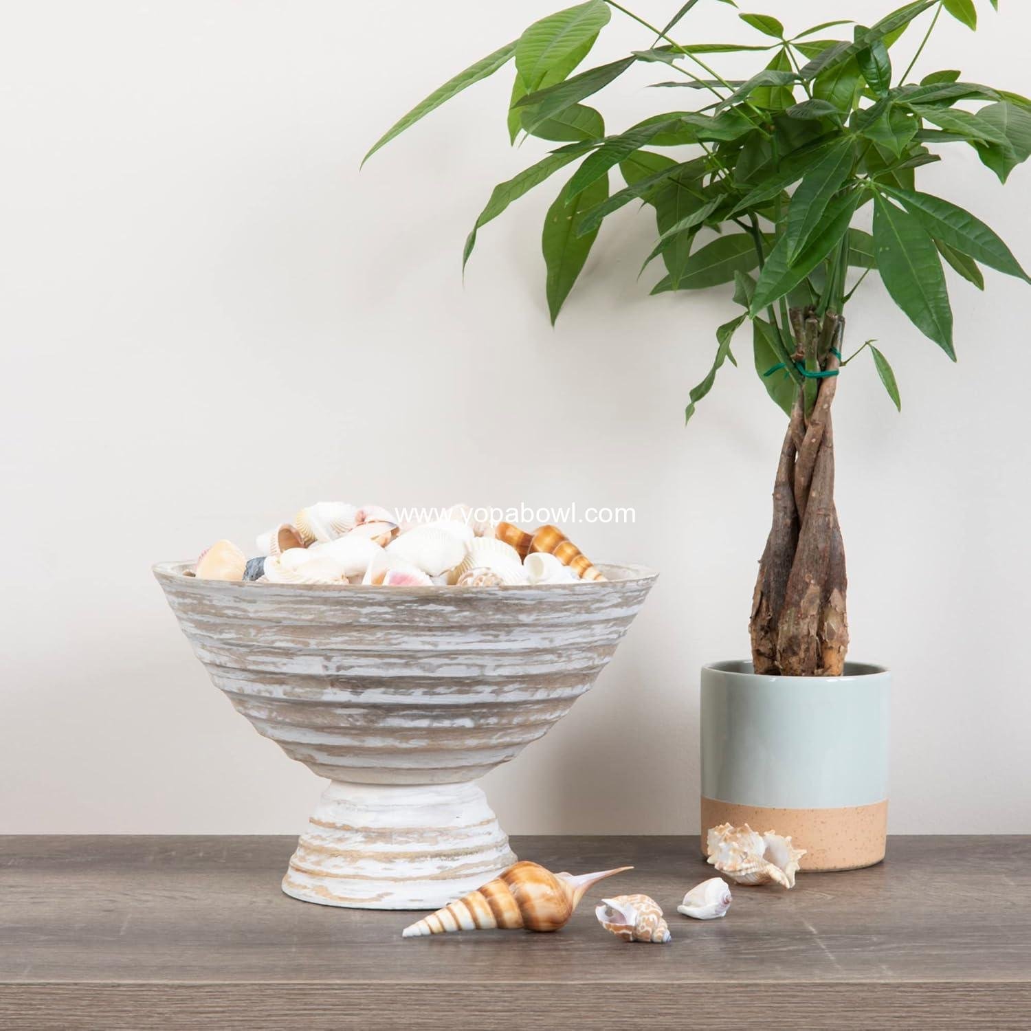 Wholesale Boho Wood Pedestal Serving Bowl, White Wash Finish, 12-Inch Diameter, Factory Wholesale Boho Wood Pedestal Serving Bowl, White Wash Finish, 12-Inch Diameter, Factory